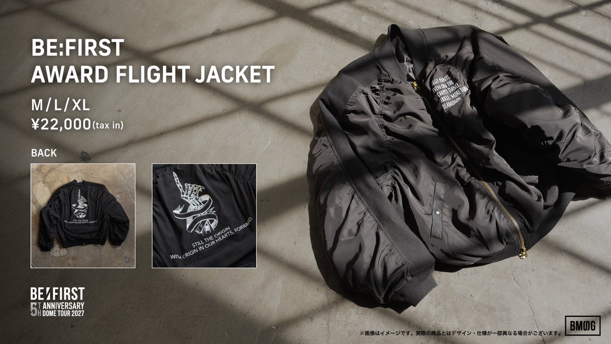 BEFIRSTofficial's tweet photo. BE:FIRST 5th Anniversary
DOME TOUR 2027

”BE:FIRST AWARD FLIGHT JACKET” 受注販売
https://t.co/NO5tDtYxsK

Sales Period
10.05 (Mon) 19:00 - 10.08 (Thu) 23:59 JST

#BF_DomeTour2027
#BEFIRST https://t.co/MuTJEKSPoi