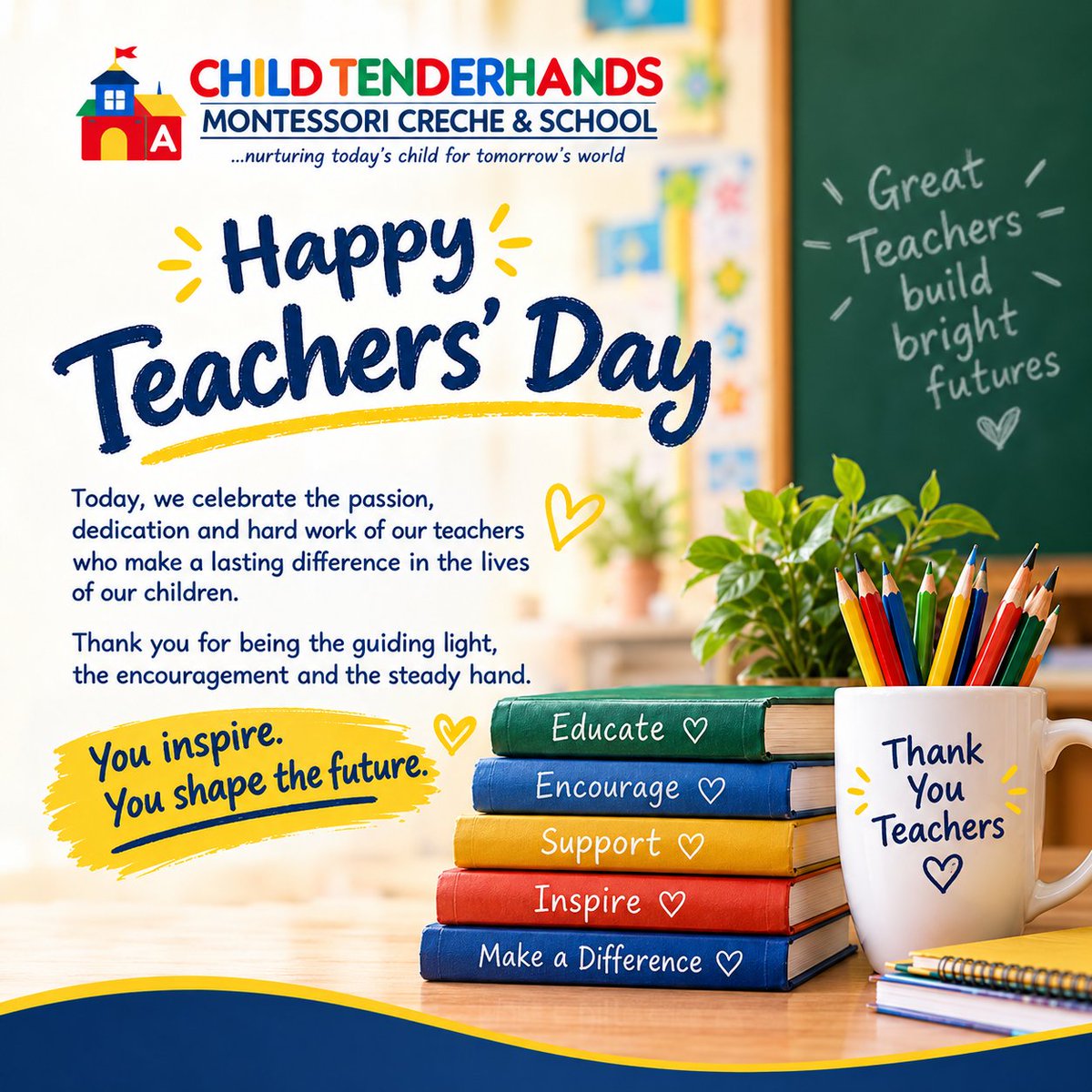 childtenderhand's tweet photo. Happy Teachers’ Day!

Today, we celebrate the teachers who inspire, encourage, guide, and shape the future of every child.

Thank you for your patience, dedication, and the difference you make every day.

You inspire. You shape the future.
#HappyTeachersDay  #MontessoriEducation https://t.co/Ds8Gz8srE9