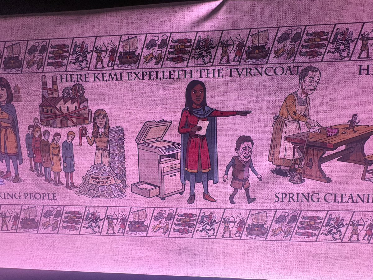 GregHands's tweet photo. Maybe the best Conference jape ever is the @Conservatives “Bayeux” Tapestry, depicting events 2024-26.

Love the detail - and its own, climate-controlled viewing room here in Birmingham. 

Better than my Keir Starmer flip flops from 2023, although those did actually sell out. https://t.co/8uFWcfn57J
