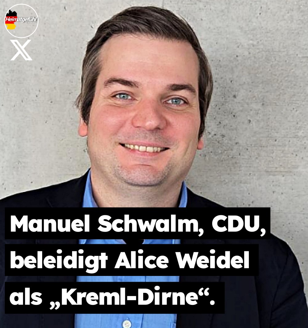 HeimatliebeDE's tweet photo. Der CDUler Manuel Schwalm beleidigt die AfD-Chefin Alice Weidel als „Kreml-Dirne“. 

Zur Info:
Eine „Dirne“ ist heute meist ein veralteter oder abwertender Ausdruck für eine Prostituierte.

Auch das Team von Weidel hat er beleidigt:
„Sie russophiles AfD-Gesocks.“

Das ist scheinbar der neue Umgangston der CDU.

Wo Argumente fehlen, kommen Beleidigungen.
Ist bekannt von dieser Klientel.