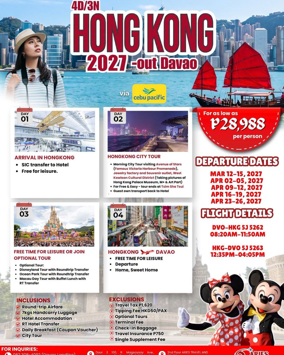 MarcosPikachu's tweet photo. Our 2027 Hong Kong Package is now open. Explore the city, create unforgettable memories, and save more with Aries Travel and Tours. Limited promo slots available. Book now and get an instant P1, 000 discount. https://t.co/cJe5a7OupG