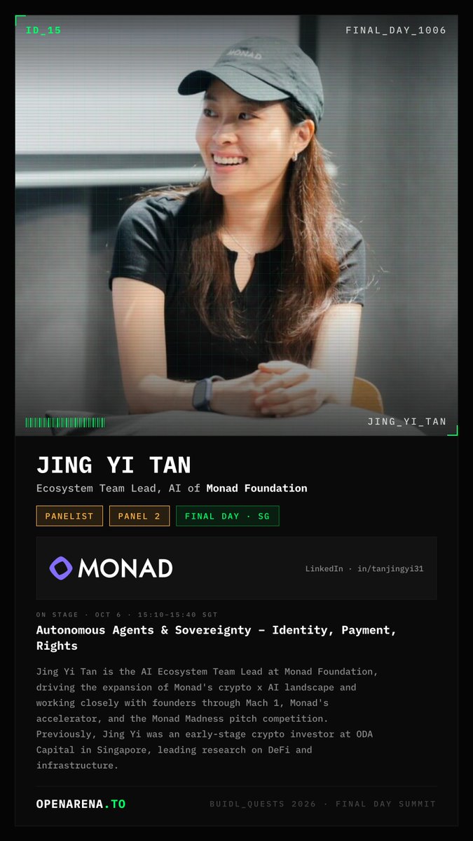 OpenArena_To's tweet photo. Meet @jinglingcookies — Panel: Autonomous Agents &amp; Sovereignty.

Building with @monad on how agent identity and rights hold up when systems go live.

15:10–15:40 · Final Day · CHIJMES https://t.co/bsczGPJvbr