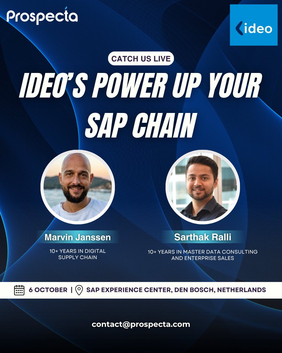 ProspectaMDO's tweet photo. Less than 24 hours for the event, Hurry! register now: https://t.co/R2SWTuKFqg
 
Tomorrow, Prospecta will be at IDEO’s Power Up Your SAP Chain at the SAP Experience Center, Den Bosch.
 
Join us for a session exploring Service & Asset Management, featuring a presentation from the Prospecta team and real-world customer use cases that highlight how organisations are addressing challenges across their SAP and asset data landscape.
 
It’s also a great opportunity to meet the Prospecta team, discover MDO and see how our approach to master and asset data governance can support asset-intensive organisations.
If you’re attending, make sure to connect with Marvin Janssen and Sarthak Ralli and join the conversation.
 
See you on 6 October 2026 at SAP Experience Center, Den Bosch, Netherlands.
Register now: https://t.co/R2SWTuKFqg
 
For more information: contact@prospecta.com
 
#PowerUpYourSAPChain #IDEO #SAP #AssetManagement #ServiceManagement #MasterData #DataGovernance #MDO #Prospecta