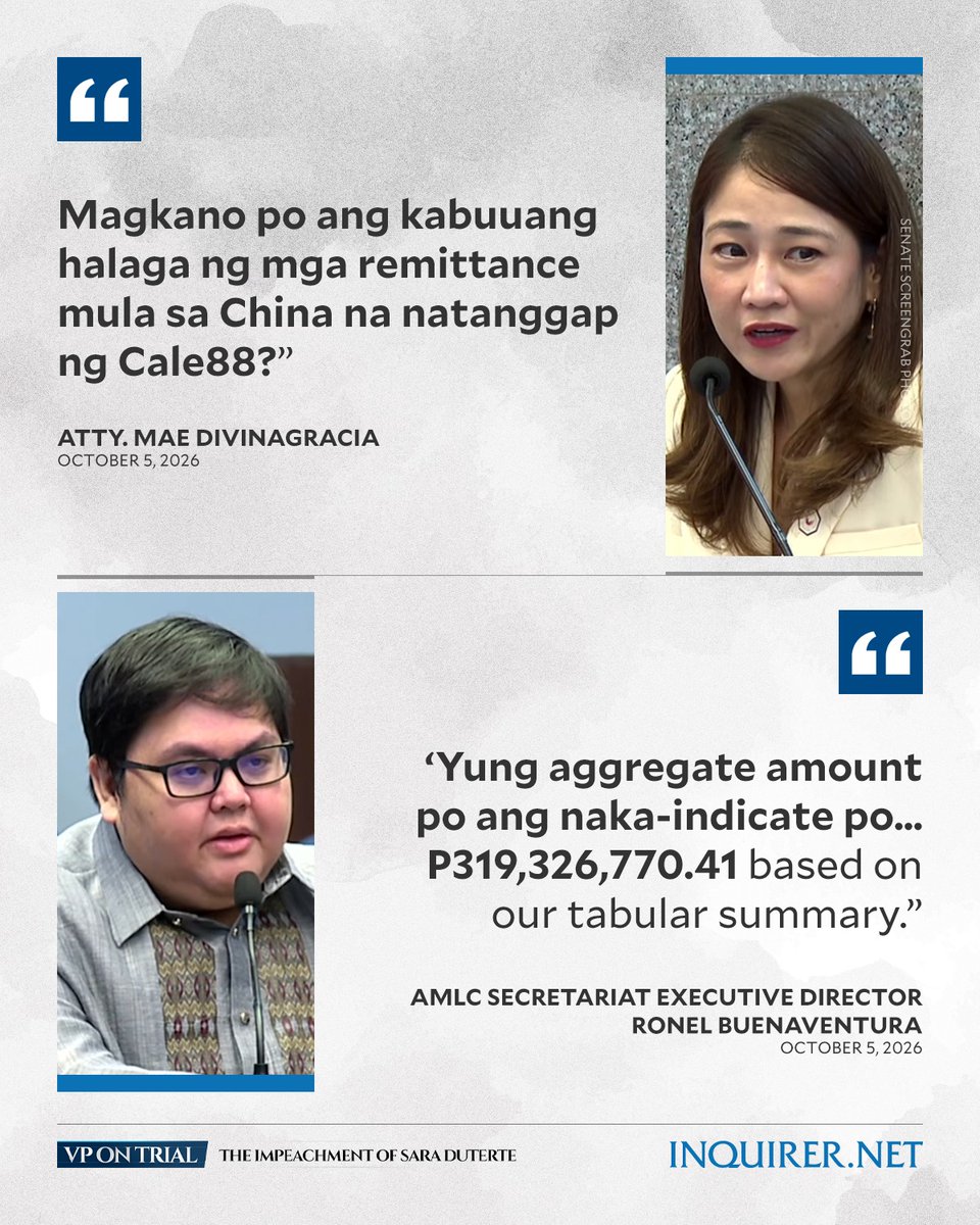 inquirerdotnet's tweet photo. ‘P319.3M IN REMITTANCES FROM CHINA’

AMLC Secretariat Executive Director Ronel Buenaventura testified that Cale88 Foods Corp., a food company associated with Vice President Sara Duterte’s husband, Atty. Manases Carpio, received P319.3 million in remittances from China. #VPonTrial

Follow our live updates here: https://t.co/pmMW7dD2Wc

Watch our livestream here: https://t.co/no36s9k0LF