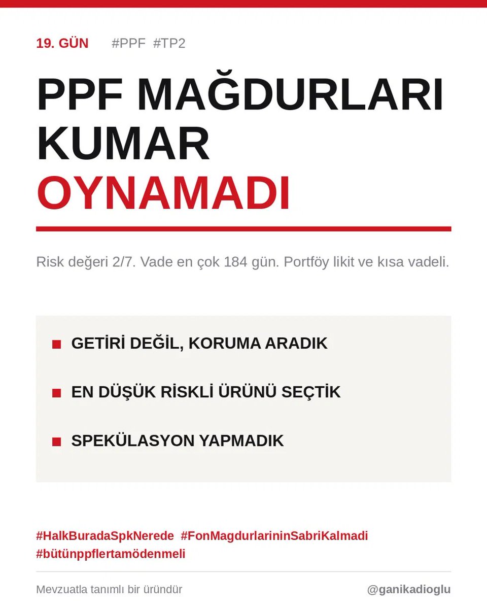 ganikadioglu's tweet photo. PPF mağdurları kumar oynamadı! 

Parasını katlamaya çalışmadı.

Getiri değil koruma aradık. Şimdi 19 gündür paramıza ulaşamıyoruz.

@spkgovtr @tcbestepe @iletisim 

#HalkBuradaSpkNerede
#FonMagdurlarininSabriKalmadi
#bütünppflertamödenmeli 
#ppf #TP2FonMağdurları https://t.co/wjpd5J1dy5