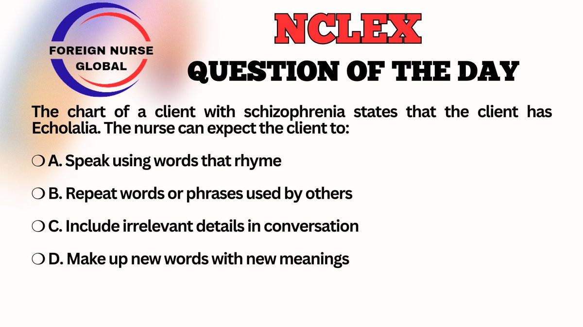foreignnurseglb's tweet photo. LET'S ATTEMPT NCLEX QUESTION TODAY....
SEND IN YOUR ANSWERS.....
THE CORRECT ANSWER WILL BE POSTED LATER.....
#FNG #foreignnurseglobal #nclexreview #nclexsurepass #nclexmadeeasy #nclexpass #NCLEX #NCLEX_RN #nclexprep #nclexquestions #nclexstudy #nclextips #USRN #nclexpreparation https://t.co/PoWx81MYnp