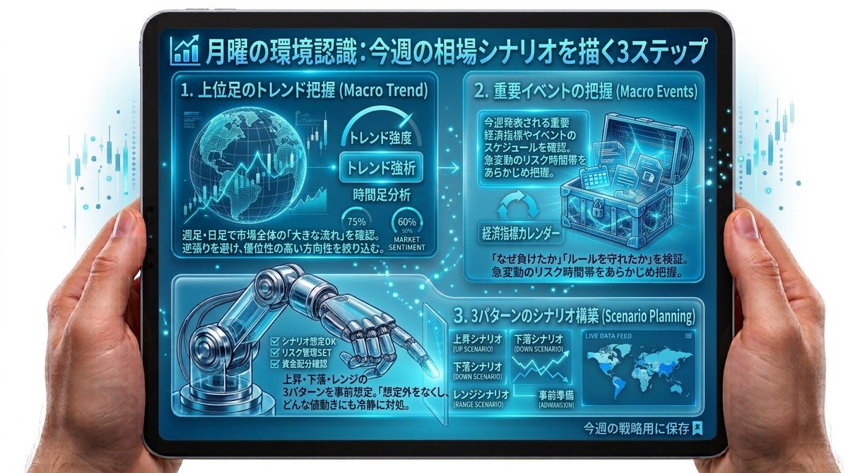 BNR32GTR__'s tweet photo. 【月曜環境認識：今週の相場シナリオを描く3ステップ】

週のスタートはチャートを焦って見ない！まずは全体像を把握しよう💡

❶ 上位足（週足・日足）でトレンドの方向性を確認
❷ 今週予定されている重要経済指標をチェック
❸ 上昇・下落・レンジの3シナリオを事前に準備

準備が整えば迷わない！ https://t.co/CfSv7nKQ69