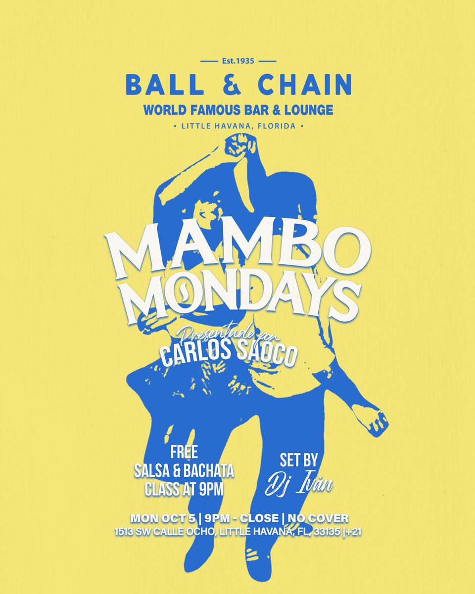 BallAndChainBar's tweet photo. TODAY: #LiveMusic NOW to 6 p.m., #HappyHour 4 to 7, #LiveJazz 6 to 9, then #MamboMondays with DJ Ivan + a FREE #SalsaClass &amp; #BachataClass, 9

TOMORROW: #Bachatuesday includes DJ Vila + a FREE #BachataLesson

#supportlocal https://t.co/z7b3b6bbPx
🍍💚 https://t.co/4VeL08Ahwm