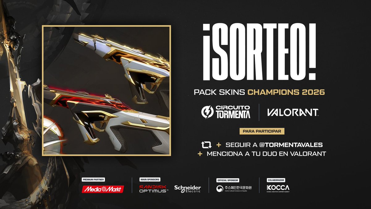 TormentaVALes's tweet photo. 🚨Sorteamos un Pack Champions 2026
Tu dúo dice que no necesita skins para carrear…pero por si acaso venimos a ayudar.

Reglas:
-RT
-Siguenos
-Menciona a tu duo de VALORANT tantas veces como quieras 

⏳ Hasta el 14/10. https://t.co/JJ8m5Scc6z