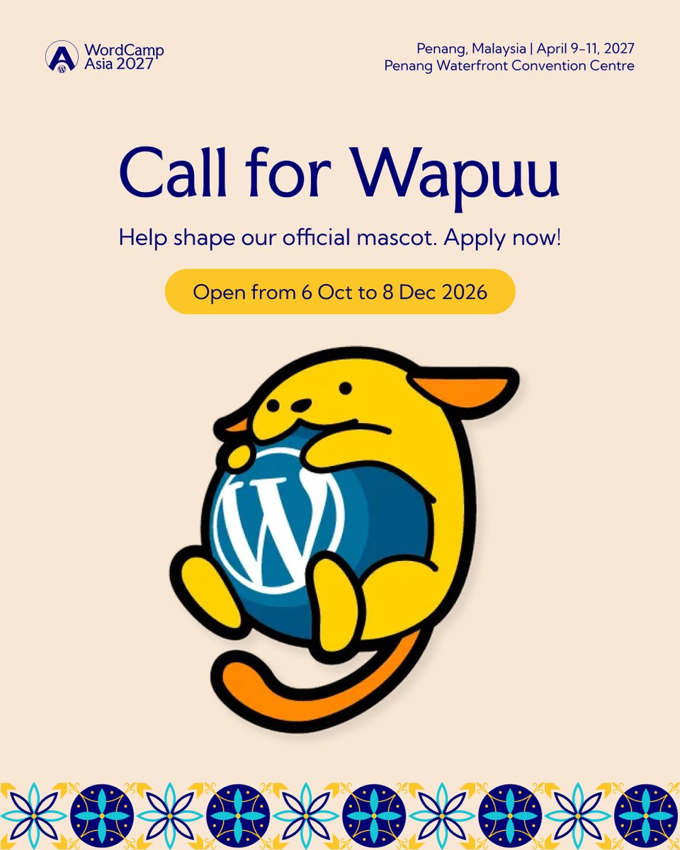 WordCampAsia's tweet photo. Penang needs a Wapuu!
Help us create the official Wapuu for #WCAsia2027.

🇲🇾 Inspired by:
🌺 Malaysian culture
🏮 Peranakan heritage
🍜 Penang food
🏛️ Local architecture
🤝 WordPress community

Designers or not, everyone is welcome to submit.

📅 Opens 6 Oct
📅 Closes 8 Dec 2026
🏆 Winner: 9 Jan 2027

👉 https://t.co/CBPU6uxYDI
What would your Penang Wapuu look like? 👀

#WordCampAsia #Wapuu #WordPress