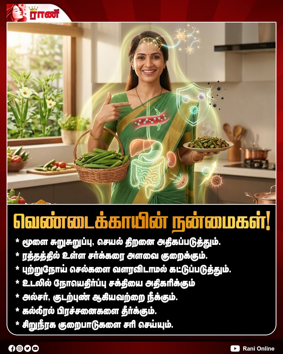 Rani_online's tweet photo. சர்க்கரை முதல் சிறுநீரகம் வரை... வெண்டைக்காயின் நன்மைகள்!
#Vendakkai #LadiesFinger #Okra #HealthBenefits #HealthyFood #Nutrition #HealthyEating #TamilHealth #HealthTips #Ranionline https://t.co/uR4G7ouCwJ