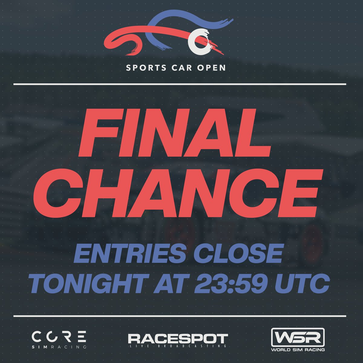 SportsCarOpen's tweet photo. ⚠️Your final chance to sign up for #sco is today!

Entries will close tonight at 23:59 UTC!🛑 

➡️To enter, visit https://t.co/TVyOxTuNHk or our Discord server at https://t.co/qRAquvjWaz.

#sportscaropen #iracing #esports #simracing #endurance https://t.co/sTuHa7Jz2F