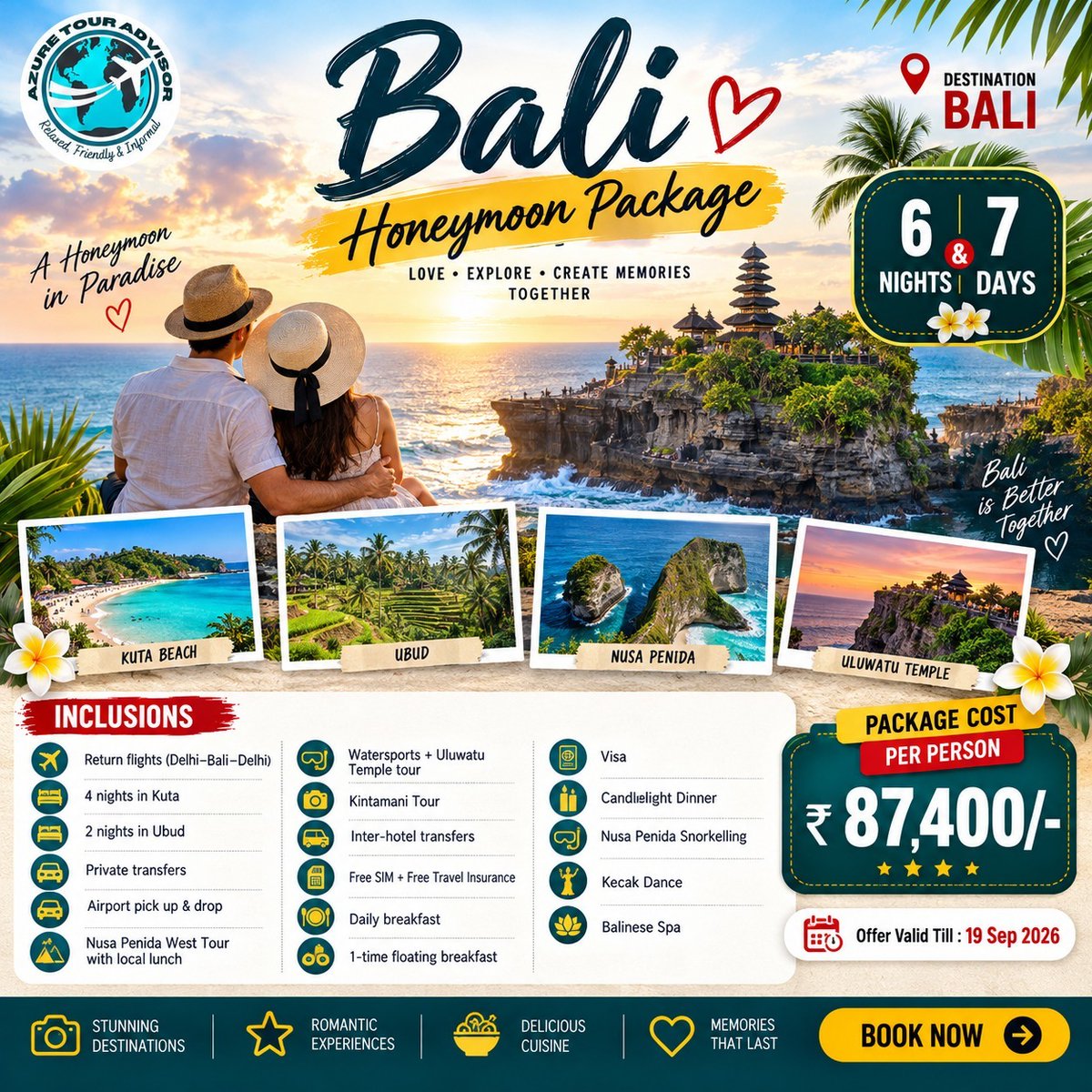 nikolayhernande's tweet photo. Celebrate your love in Bali with a 6 Nights/7 Days honeymoon package. Enjoy flights, Kuta and Ubud stays, Nusa Penida, watersports, spa, candlelight dinner, Kecak Dance, visa and insurance. ₹87, 400 per person. Valid till 19 Sep 2026. https://t.co/gMzWKHXLZE