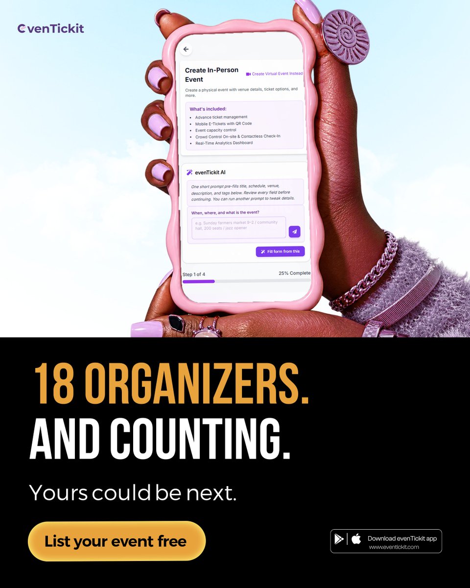 Eventickit52355's tweet photo. 18 organisers and counting. 👀
More events are coming. Keep checking evenTickit for what’s next.
https://t.co/XshZObTTW6
#evenTickit #NigeriaEvents #DecemberEvents https://t.co/P00RWzsSek
