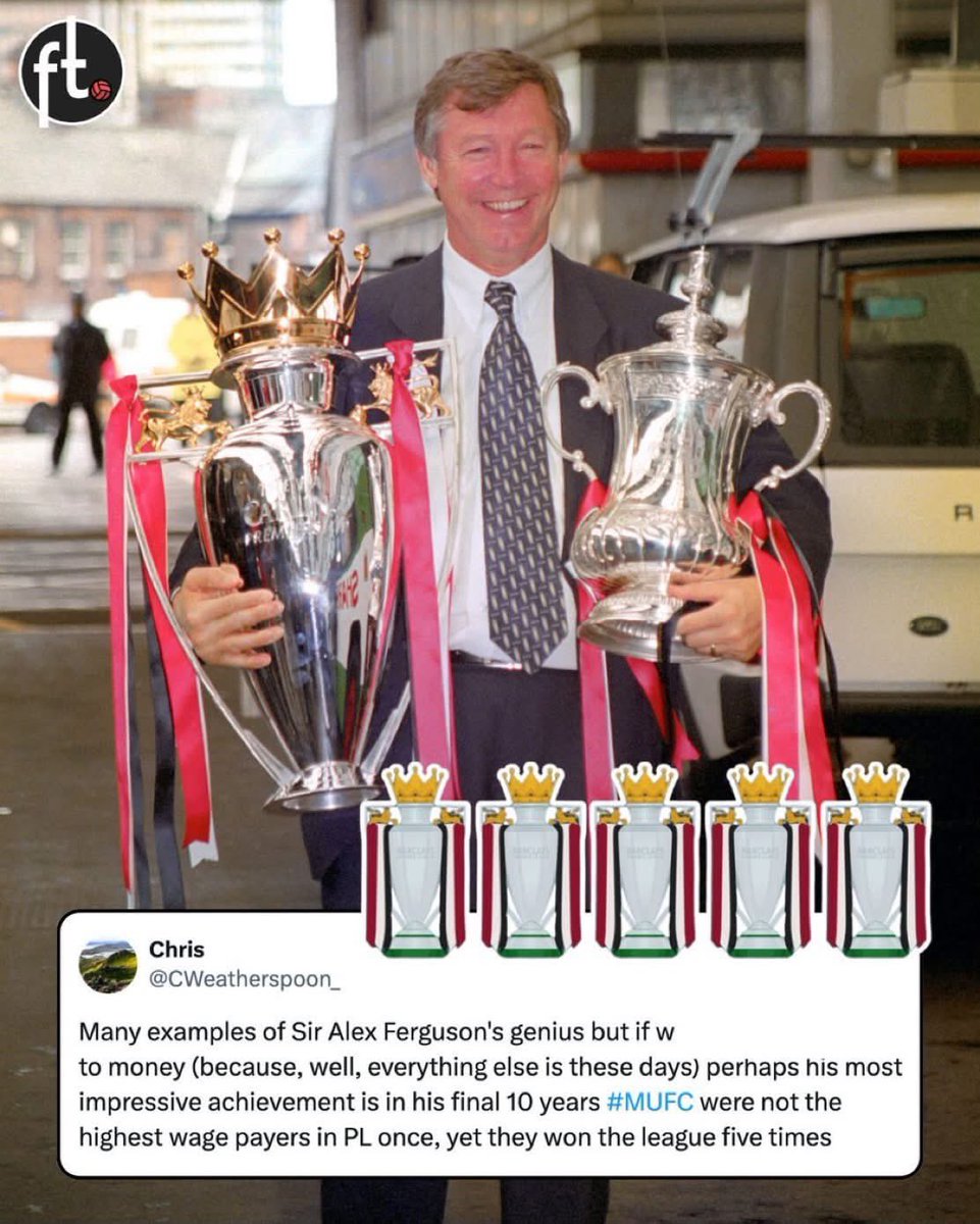 UnitedResale_'s tweet photo. 🤯 That final sentence is the one. 

In Sir Alex Ferguson's last 10 years at Manchester United, the club didn't pay the most money on wages, 𝗘𝗩𝗘𝗥, yet they won the Premier League title 5 times.

🏆 — 2006/07
🏆 — 2007/08
🏆 — 2008/09
🏆 — 2010/11
🏆 — 2012/13 https://t.co/4ALTO0ojfg