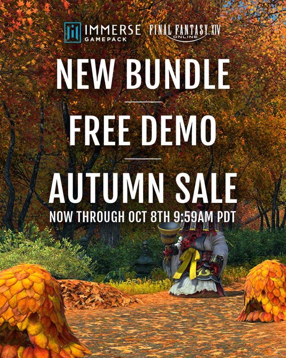 EmbodyAudio's tweet photo. Every direction, every detail. Try FFXIV in Immerse Spatial Audio — now with a new bundle and free trial demo on Steam.
Autumn Sale: 30% off Immerse Gamepack and 15% off the FFXIV + Immerse bundle. Get them together on Steam. https://t.co/2pqK97XzY8 #FF14 https://t.co/obQ0Uvrk0e