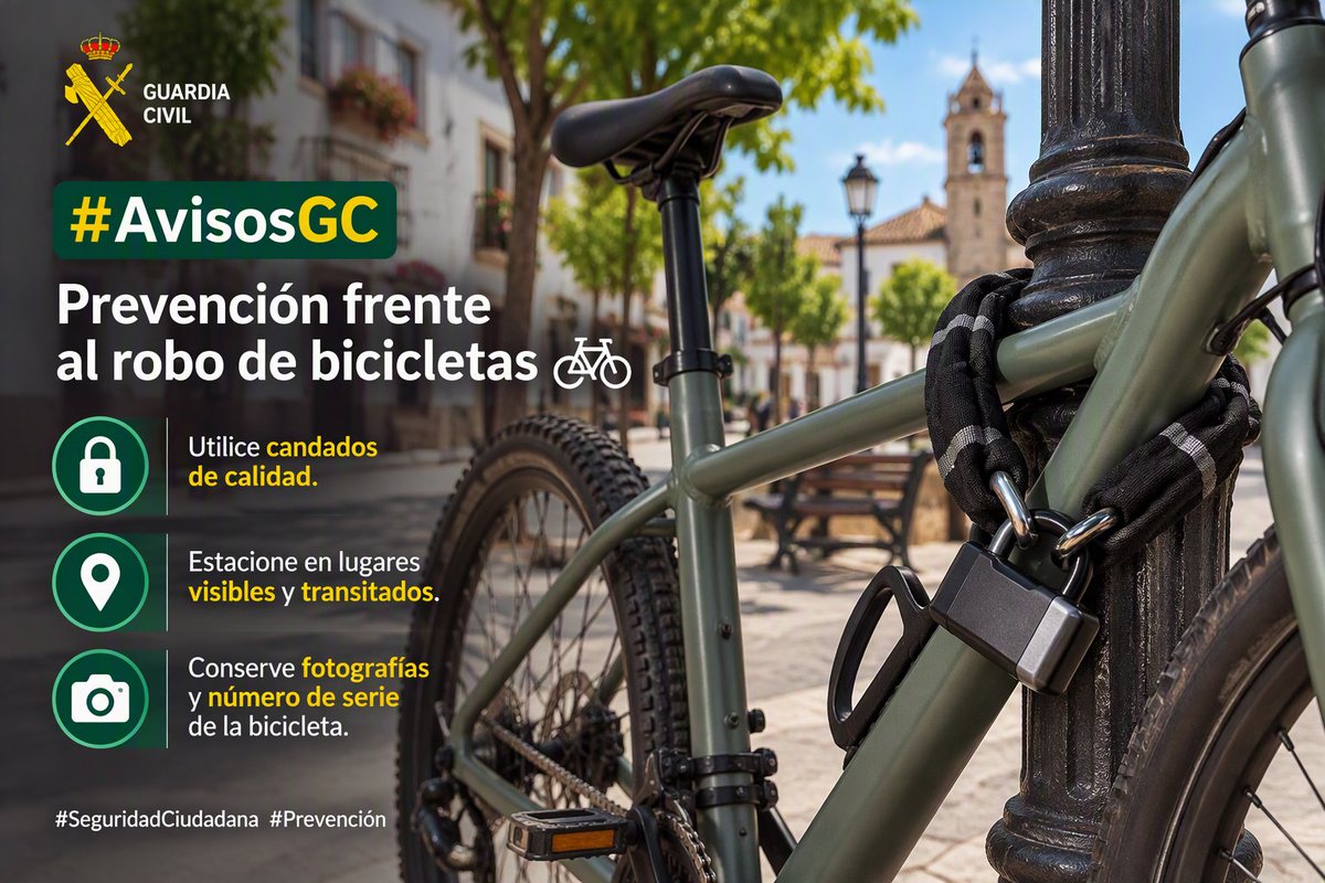 guardiacivil's tweet photo. #AvisosGC | Prevención frente al robo de bicicletas 🚲

🔐 Utilice candados de calidad. 
📍 Estacione en lugares visibles y transitados. 
📝 Conserve fotografías y número de serie de la bicicleta.

#SeguridadCiudadana #Prevención https://t.co/l2yCIJCF5f