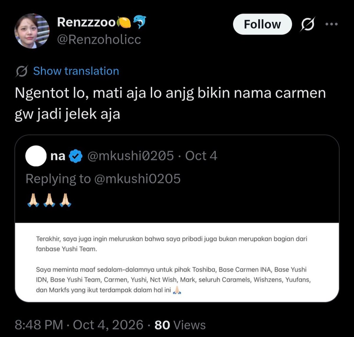 mkushi0205's tweet photo. Dengan ini, saya berharap ancaman kematian, doxxing, serta percobaan login akun yang ditujukan kepada saya dapat berhenti. Sekali lagi, dari lubuk hati yang terdalam, saya memohon maaf atas kegaduhan yang saya sebabkan. https://t.co/t11hDpkJvW