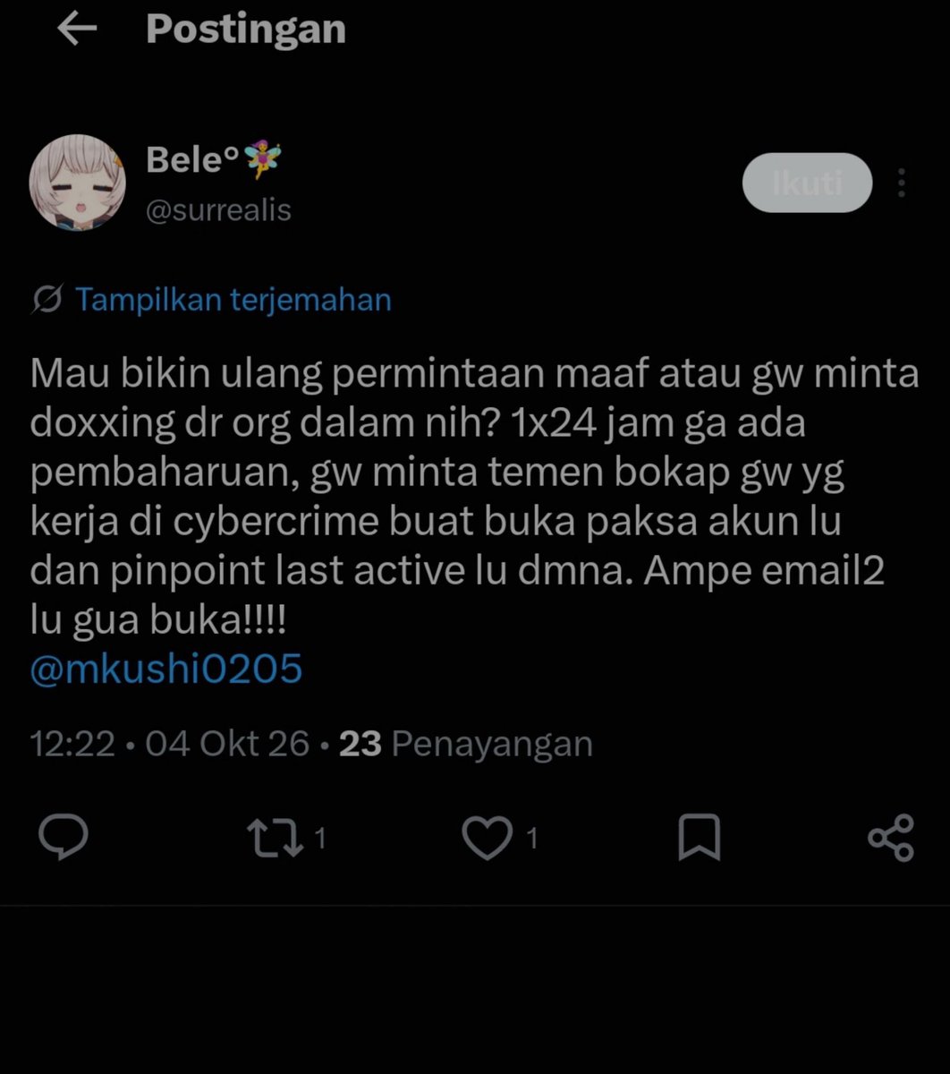mkushi0205's tweet photo. Dengan ini, saya berharap ancaman kematian, doxxing, serta percobaan login akun yang ditujukan kepada saya dapat berhenti. Sekali lagi, dari lubuk hati yang terdalam, saya memohon maaf atas kegaduhan yang saya sebabkan. https://t.co/t11hDpkJvW
