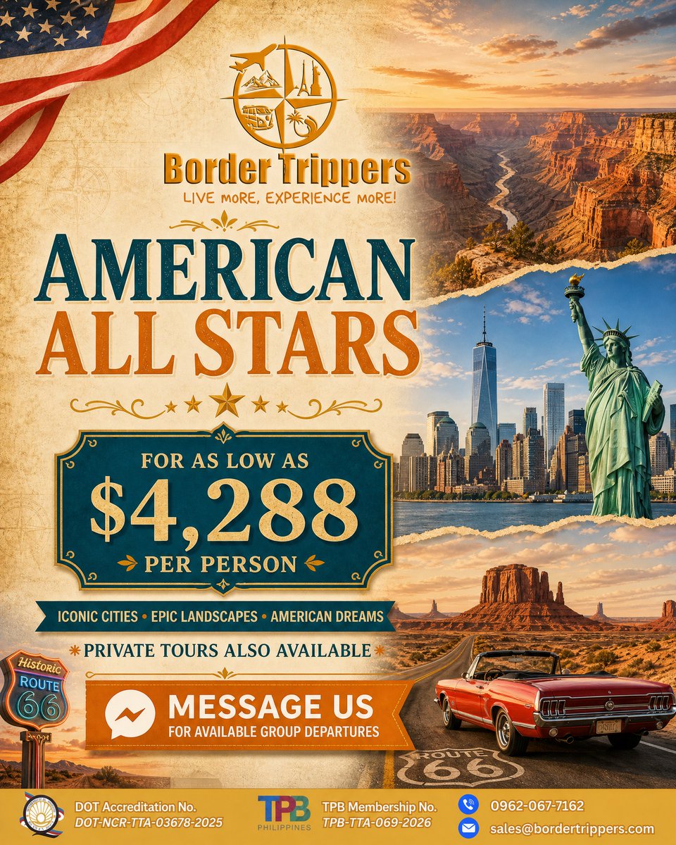 googlety's tweet photo. Big cities. Big skies. One unforgettable American adventure. From iconic skylines to legendary open roads, make your USA story happen from $4, 288 per person. Message Border Trippers for available group departures. https://t.co/B9ncAPOO2M