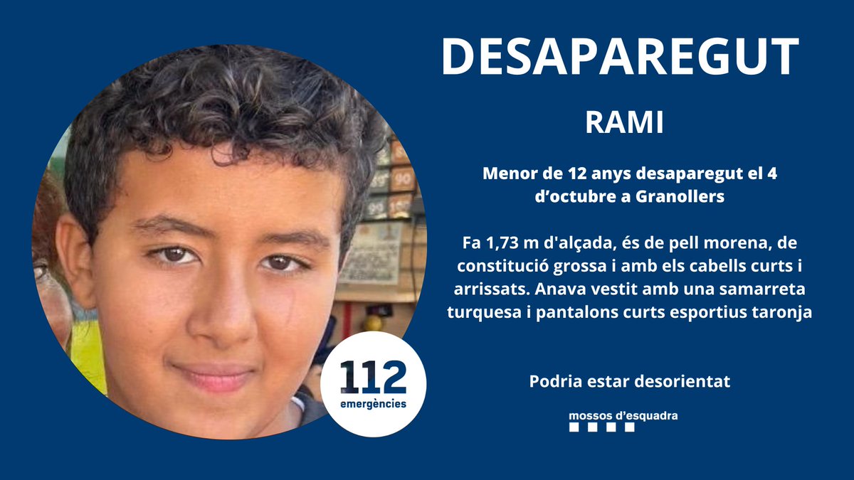 mossos's tweet photo. El Rami va desaparèixer el 4 d'octubre a Granollers. 

Ajuda'ns a localitzar-lo! Si tens alguna informació rellevant, truca al 112. https://t.co/WKRthEqYwZ