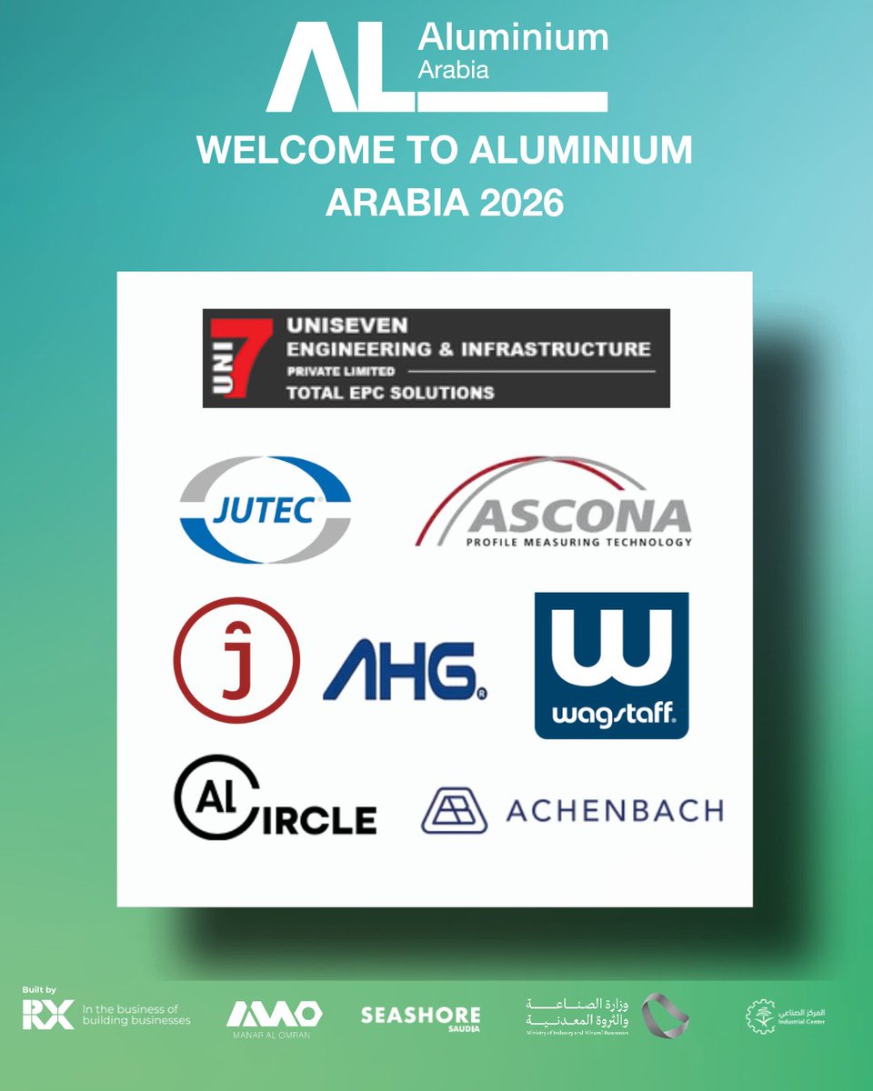 AluminiumArabia's tweet photo. Meet the companies shaping the future of aluminium. 

Industry leaders from across the aluminium value chain are exhibiting at ALUMINIUM Arabia 2026, bringing together the latest innovations, solutions, and business opportunities under one roof. 

Register now! 

#AluminiumArabia #AluminiumIndustry #Manufacturing #IndustrialInnovation 

اكتشف على الشركات التي ترسم مستقبل صناعة الألمنيوم. 

يجمع ألمنيوم أرابيا 2026 نخبة من الشركات الرائدة عبر سلسلة القيمة في قطاع الألمنيوم، لاستعراض أحدث الابتكارات والحلول وفرص الأعمال تحت سقفٍ واحد. 

👉 سجّل الآن: https://t.co/1vKXOyW0vV 

#ألمنيوم_أرابيا #صناعة_الألمنيوم #التصنيع #الابتكار_الصناعي 

Uniseven Engineering & Infrastructure Pvt. Ltd, JUTEC Hitzeschutz und Isoliertechnik GmbH, ASCONA GmbH, Jasper GmbH, @AHGsa_Ltd, Wagstaff, Inc., @Alcircle, Achenbach Buschhütten GmbH & Co KG