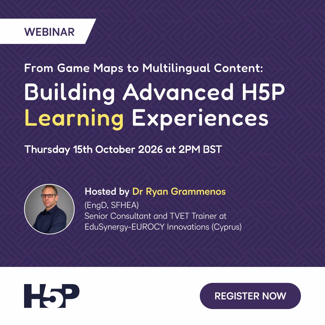 H5PTechnology's tweet photo. Want to get more out of H5P?
Join Dr Ryan Grammenos for a practitioner-led session on building advanced, multi-layered H5P learning experiences 👏
Register here:
https://t.co/NUbmHVVJzE
#H5P #LearningDesign #EdTech #OnlineLearning #InstructionalDesign https://t.co/5kYuioa0iJ