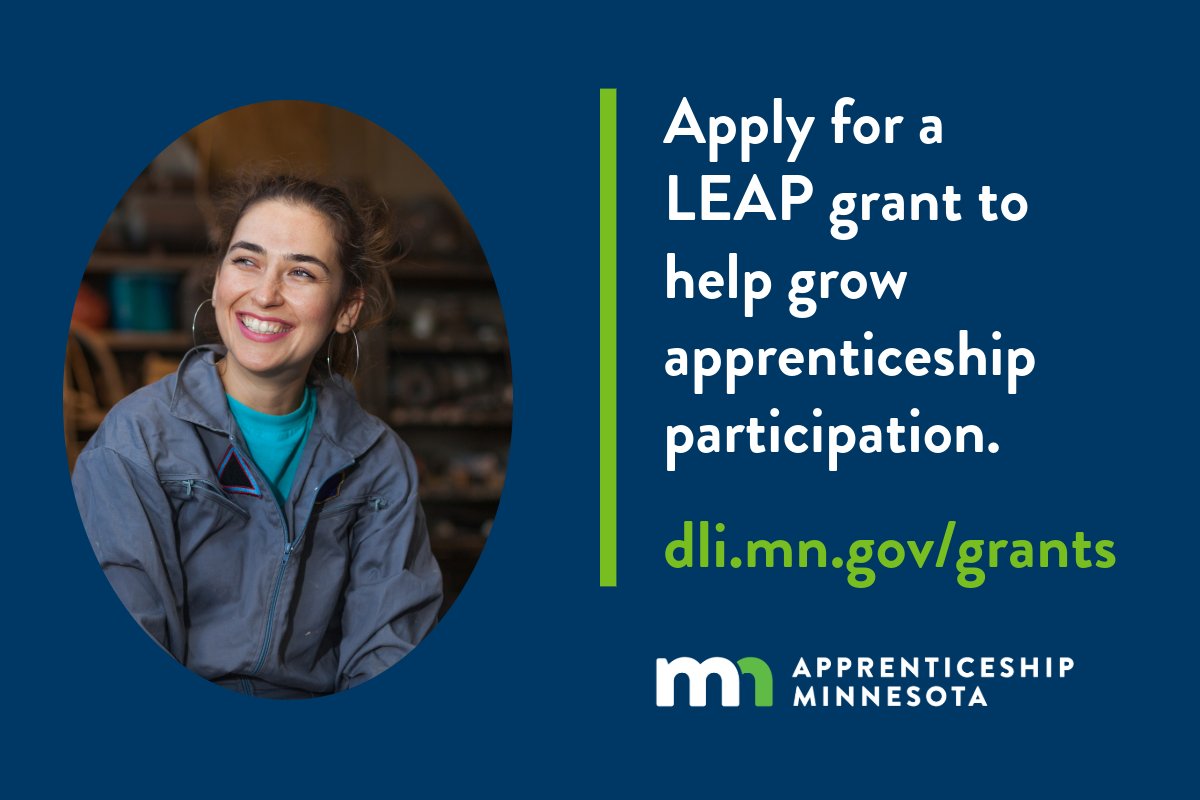 ApprenticeMN's tweet photo. LEAP grants are available to help increase the participation and retention of individuals facing barriers to employment in registered apprenticeship programs. Learn more and apply:  https://t.co/BehnmSWQLn  #ApprenticeshipWorks https://t.co/Pt3RwQjLDd
