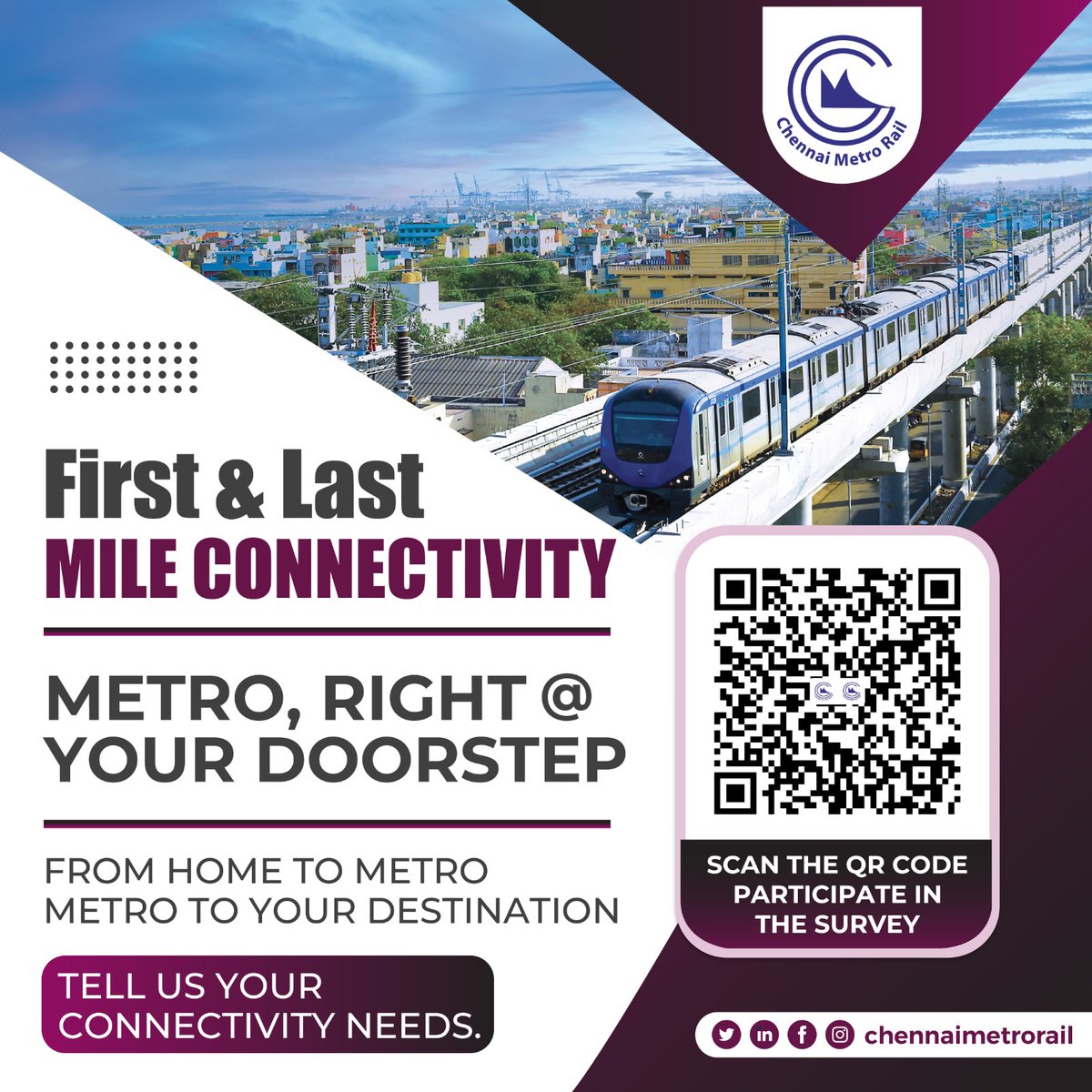 cmrlofficial's tweet photo. From home to Metro, and Metro to your destination 🚆
We want to make your commute seamless. Scan the QR code to participate in the survey and help us upgrade our feeder services.
#ChennaiMetro #CMRL #MetroConnect #FirstAndLastMileConnectivity https://t.co/VOGu3j3qcu