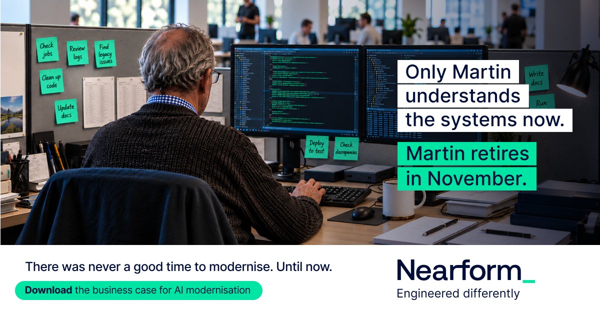 nearform's tweet photo. Does your business have a 'Martin'?

When Martin retires, knowledge goes with him.

Our free guide sets out three ways to make the case for AI-led legacy modernisation so you're not scrambling to rebuild once he's gone. 

📥 >> https://t.co/8FA63r4YzR https://t.co/bSoyrUh0br