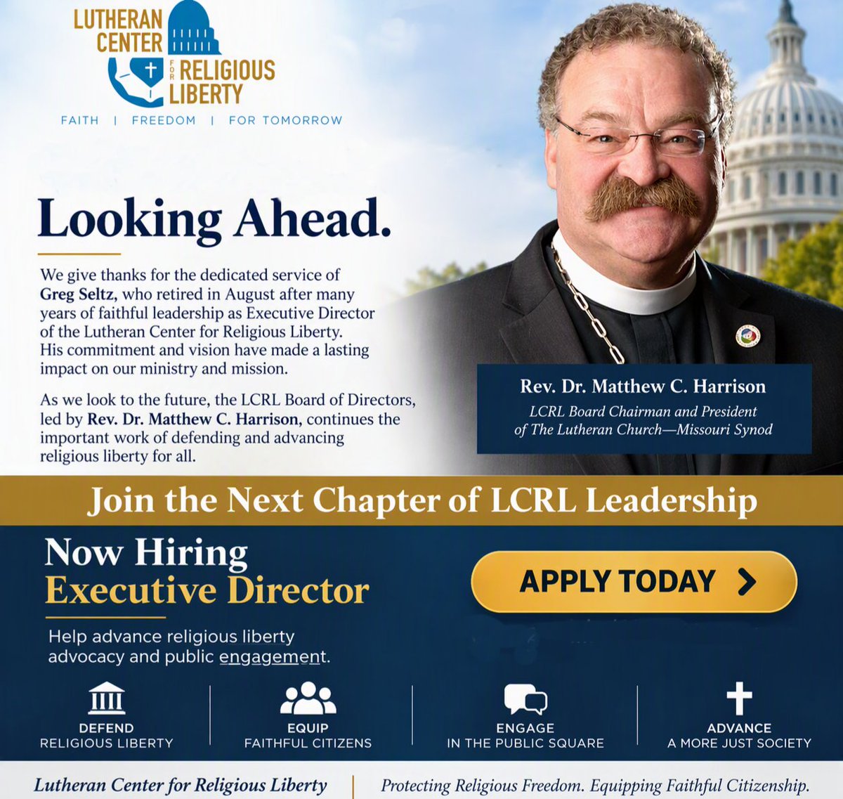LCRLFreedom's tweet photo. ✝️ LCRL is seeking its next Executive Director. Help advance religious liberty and faithful engagement. Apply today! 
🔗 Apply Today: https://t.co/MNPSNNL3y2

#ReligiousLiberty #LCRL #LCMS #ExecutiveDirector https://t.co/nWPAyi1LHy