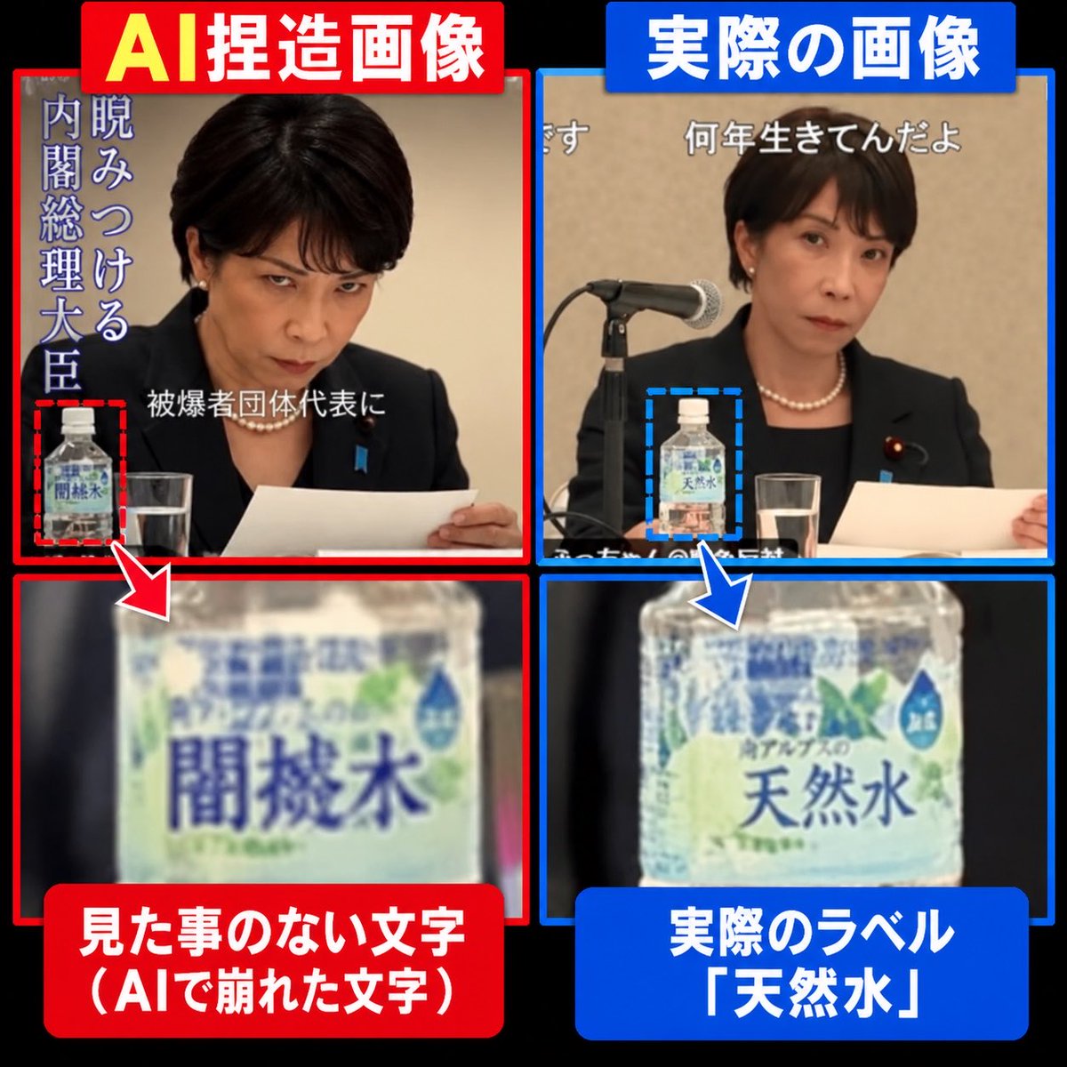 satsatnyannyan's tweet photo. これヤバすぎん？

「この形相を見れば分かる。これがこの人物の真実」

その前に、水のラベルをよーく見てください。

「天然水」の文字まで
見たことのない文字に変わってます。

しかも文章をよーく読んでみると、
具体的な政策批判も発言への批判もほぼない。

画像を加工して「悪魔だ！」ってウケるわ。

いや、その悪魔

あなたがAI召喚したやつだから。