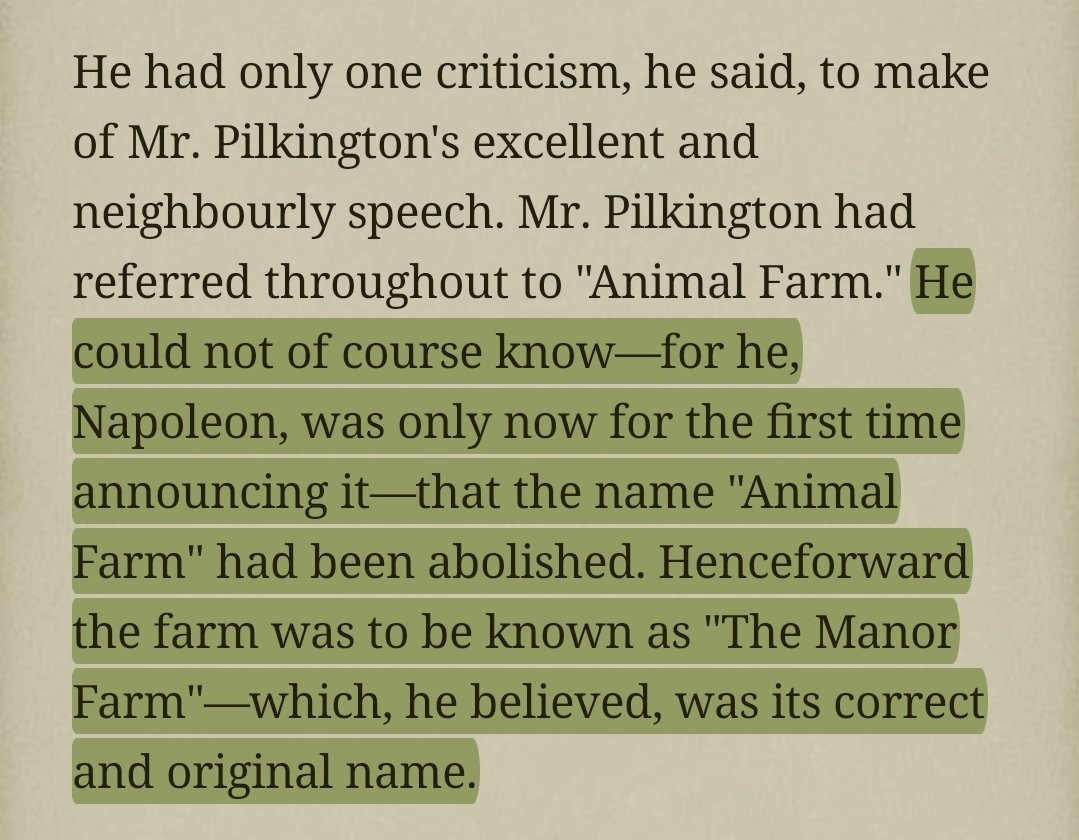 warifinowei_'s tweet photo. The most overlooked moment in Animal Farm is the last name change.

The animals' farm quietly goes back to being called Manor Farm.

A manor is a feudal estate. That one word basically gives you the entire tragedy of the book.

1/5 https://t.co/RtTjV1ifRD