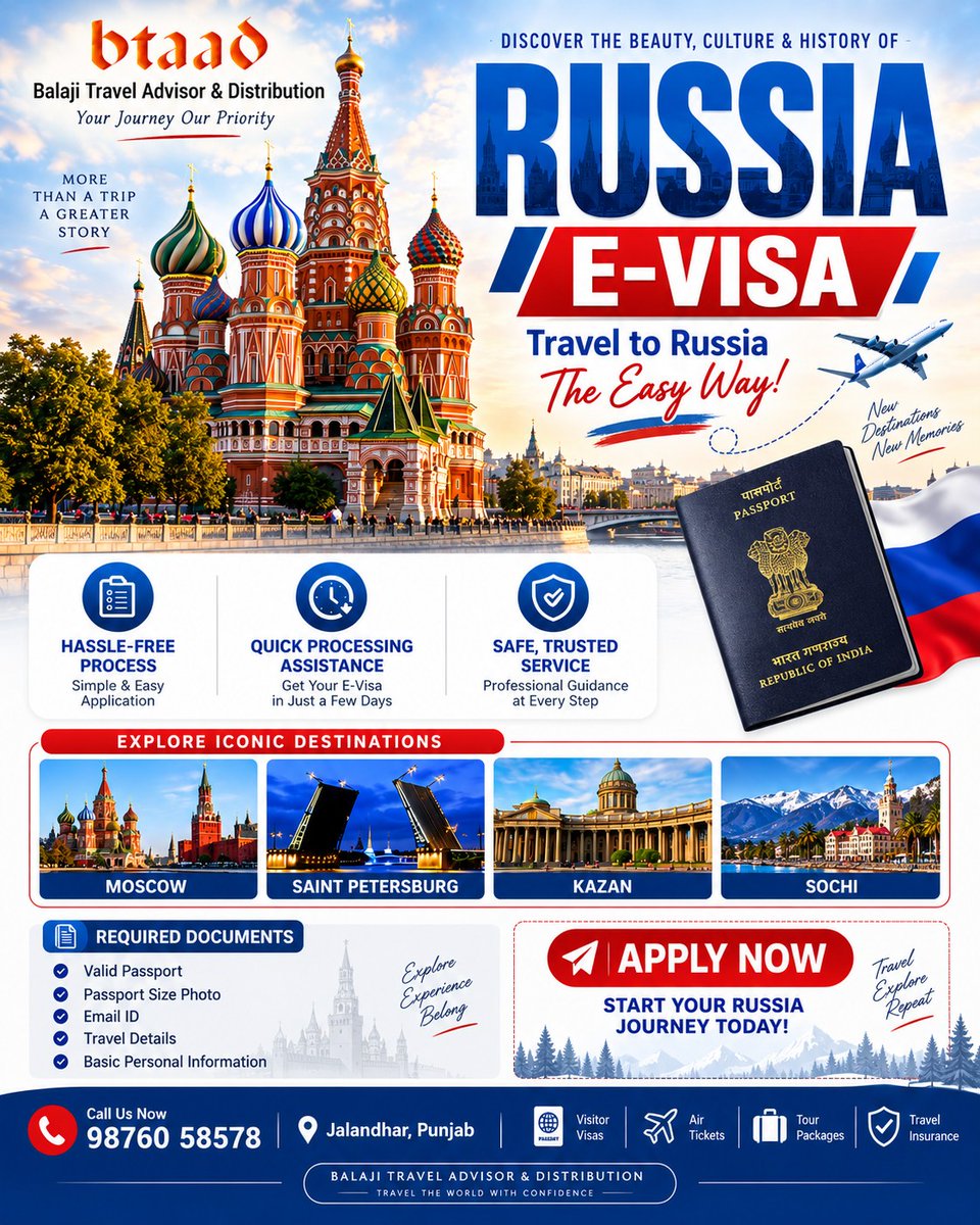 WilD416's tweet photo. Russia e-Visa made simple for eligible travellers. Get expert support with documents, applications, and travel planning for Moscow, Saint Petersburg, Kazan, Sochi, and more. Approval remains subject to Russian authorities. https://t.co/qNOWwCzydk