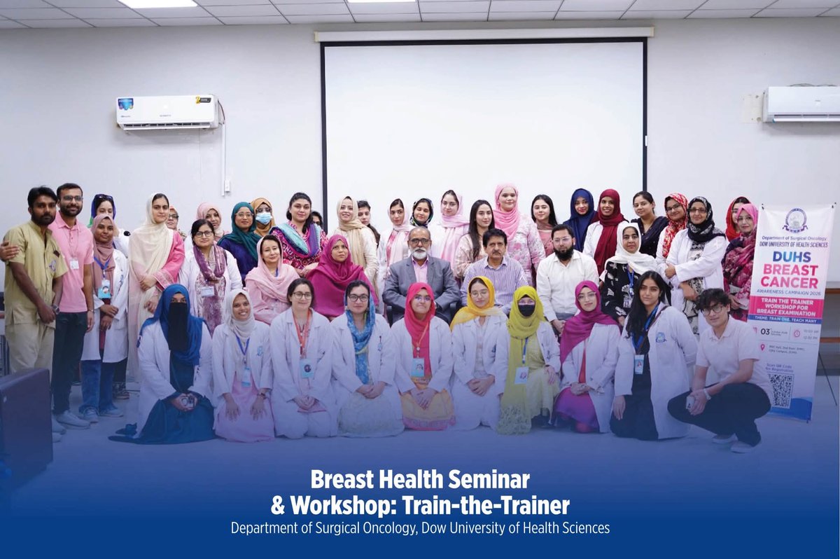 Dow_Uni's tweet photo. Breast Health Seminar &amp; Workshop: Train-the-Trainer

Department of Surgical Oncology, DUHS

The Department of Surgical Oncology, Dow University of Health Sciences organized the Breast Health Seminar &amp; Workshop: Train-the-Trainer on 3rd October 2026 at DUHS, Ojha Campus. https://t.co/YJ5EPWh6B4