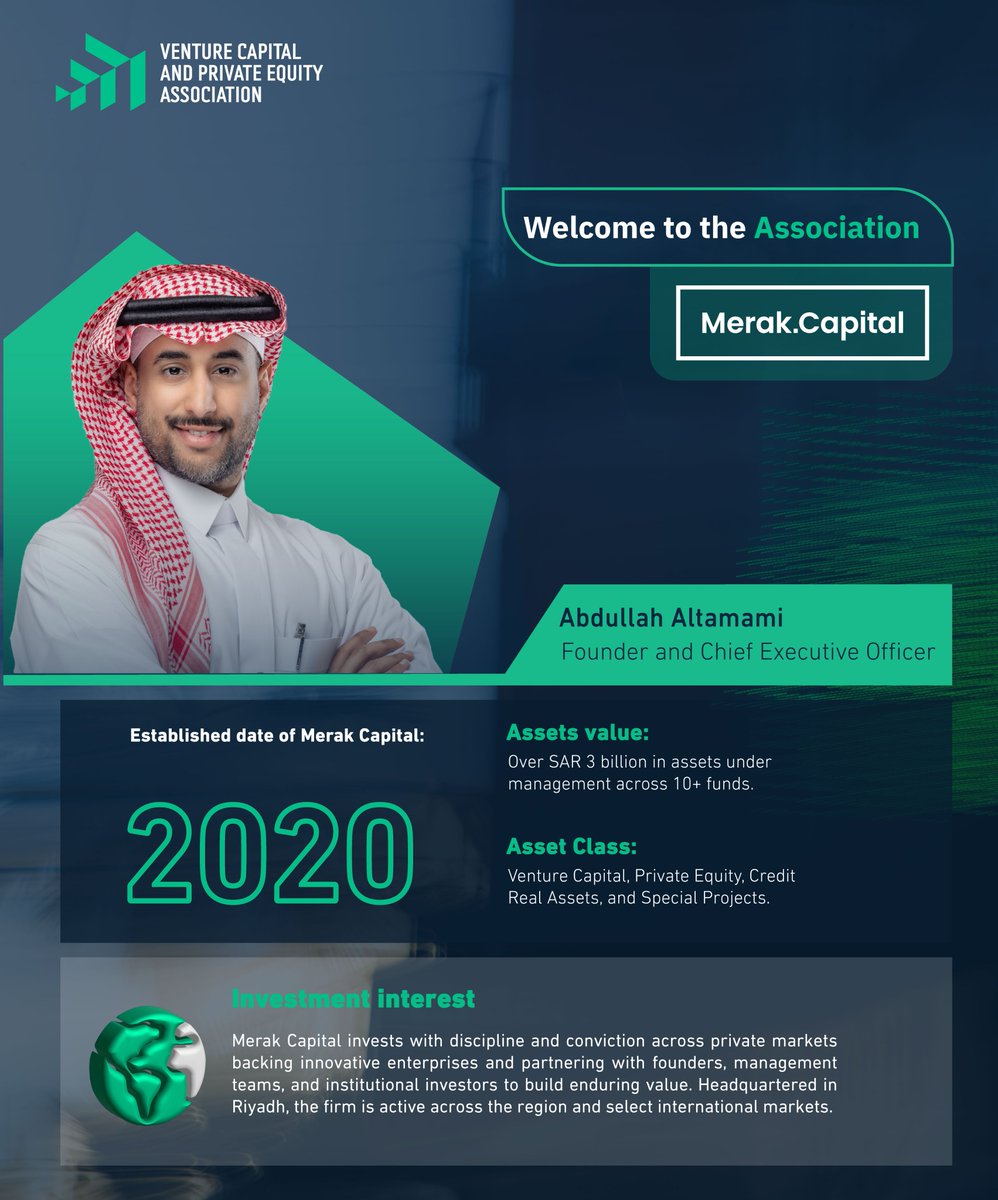 SAVCPEA's tweet photo. نرحب بانضمام ميراك كابيتال @MerakCapital  إلى مجتمع جمعية رأس المال الجريء والملكية الخاصة 
ميراك كابيتال مؤسسة استثمارية متعددة الاستراتيجيات، تستثمر في رأس المال الجريء، والملكية الخاصة، والائتمان الخاص، والأصول الحقيقية، والمشاريع الخاصة، وتعمل بالشراكة مع المؤسسين وفرق الإدارة لبناء شركات ذات قيمة مستدامة. يسعدنا انضمامهم إلى أعضاء الجمعية، بما يحملونه من خبرات وتجارب استثمارية تثري مجتمعنا وتعزز تنوعه.

أهلًا وسهلًا بكم...✨