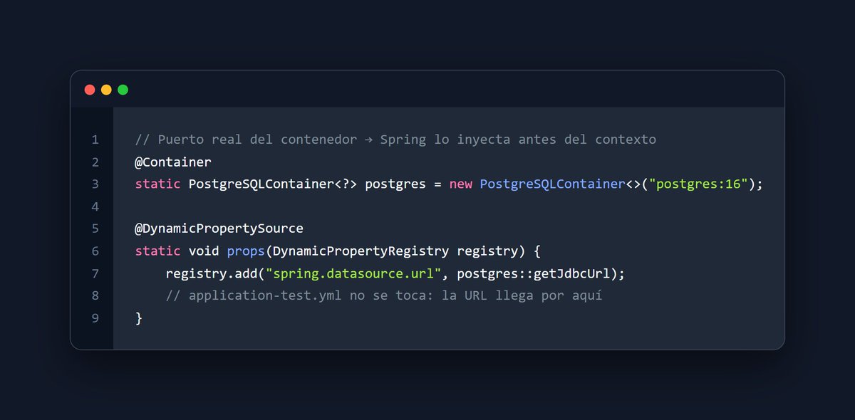 carjadev's tweet photo. Ningún test de Postgres debería asumir el 5432 fijo. #Testcontainers asigna un puerto aleatorio; la URL hardcodeada solo vale en local. #SpringBoot + #DynamicPropertySource inyectan la URL antes de arrancar. ¿Sigues tocando application-test.yml? #backenddev https://t.co/zkF6pHiZuI