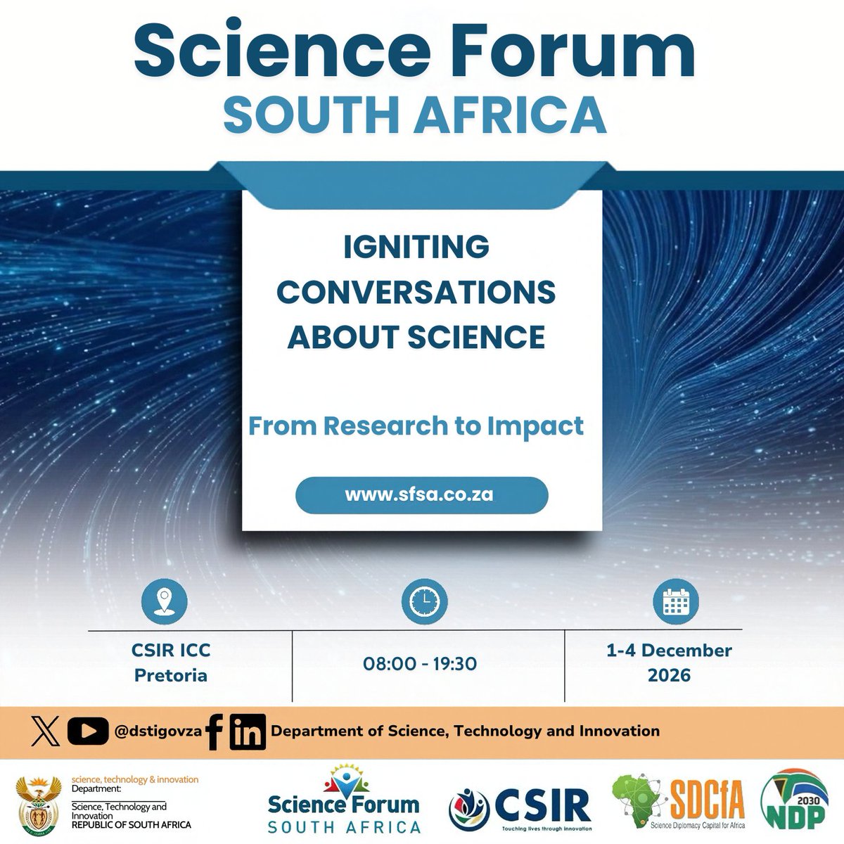 dstigovza's tweet photo. Registration for the 2026 installment of Science Forum South Africa now open. Join us 1–4 Dec | CSIR ICC, Pretoria  REGISTER HERE: https://t.co/0Ue0htLIYg #SFSA2026 https://t.co/NrMCcFJG8B