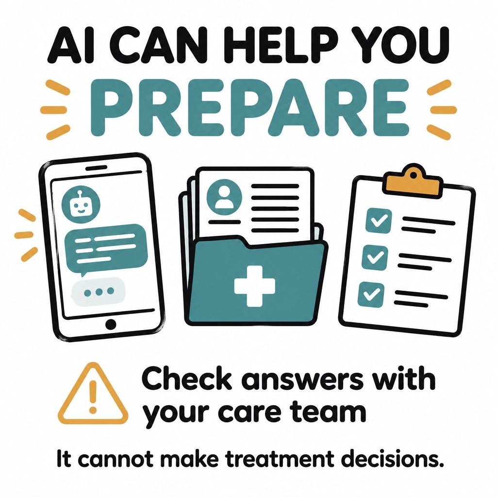 CancerParcel's tweet photo. AI can help organise cancer records, compare options and prepare questions before an oncology appointment, but it is not a decision-maker. Its answers may be outdated or inaccurate. Check everything with your care team. https://t.co/lVgK06S2ME