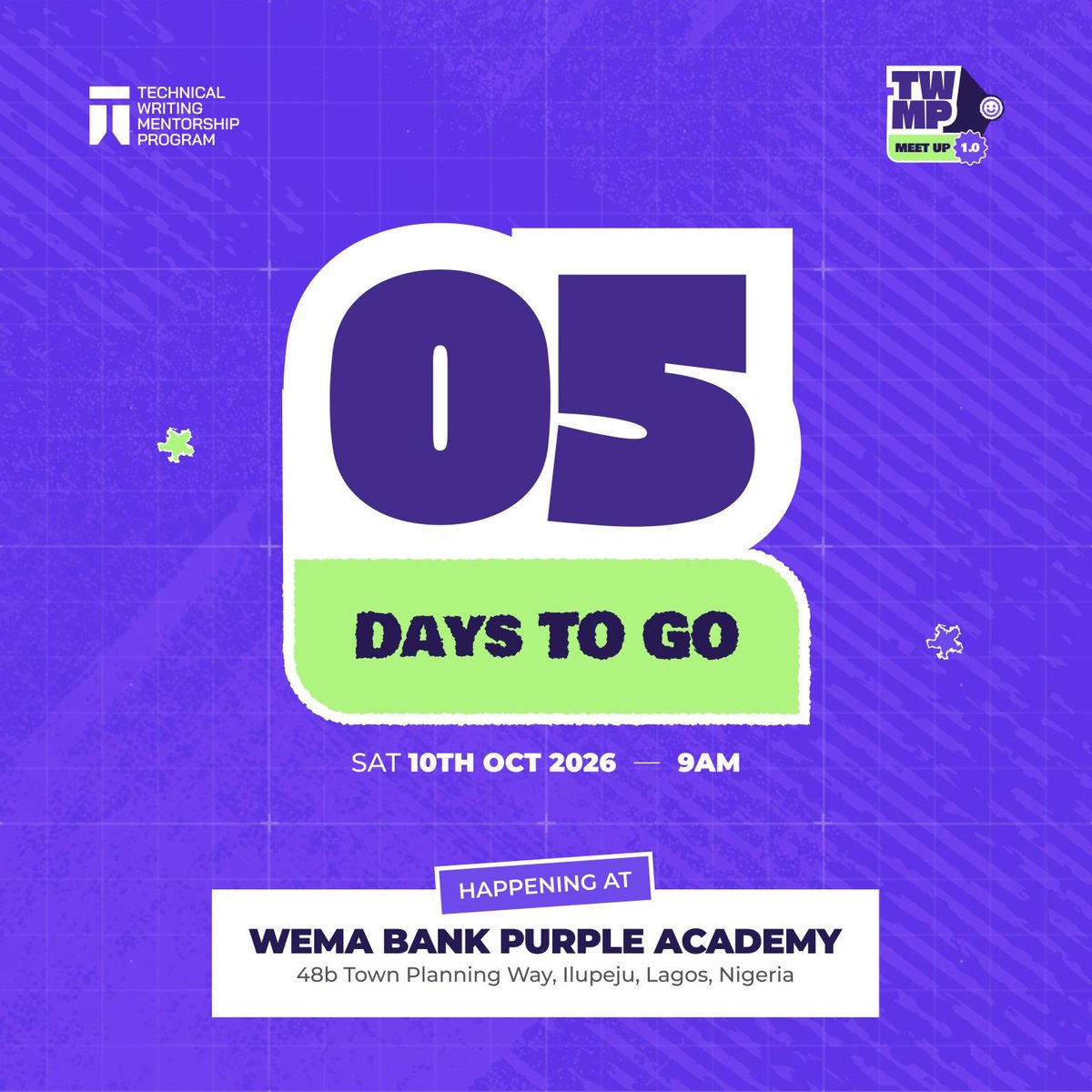 TechnicalWriti6's tweet photo. 5 days to go 🚀🚀

TWMP Meetup 1.0 is this Saturday. If you haven't registered yet, now is the time. 👇

https://t.co/Irgf745FPd https://t.co/wbUBOVpMg3