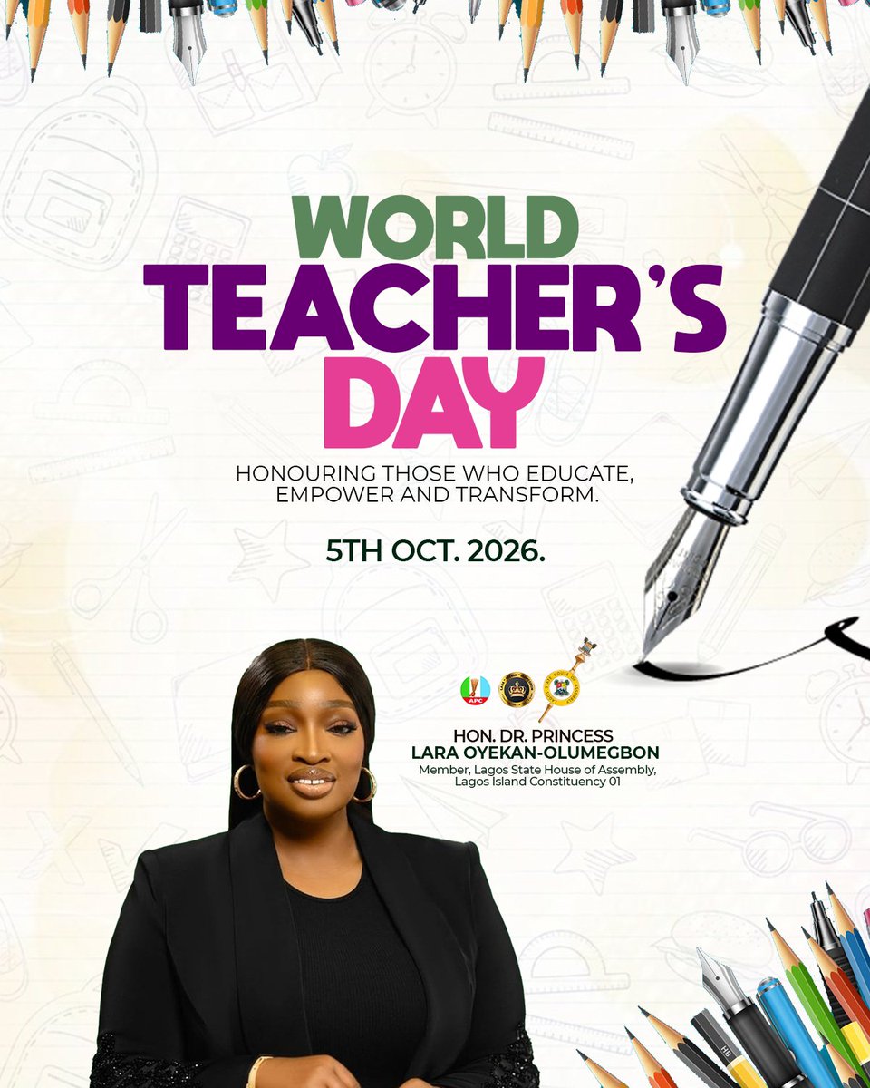 honlaraoyekan's tweet photo. On this special occasion of Teachers’ Day, I join millions around the world in celebrating the remarkable men and women who have dedicated themselves to one of humanity’s noblest callings.

Teachers are more than educators; they are mentors, role models, nation builders, and custodians of the future. Through their knowledge, patience, sacrifices, and unwavering commitment, they shape young minds, inspire confidence, nurture talents, and equip generations with the values and skills needed to build a better society.

As someone who has personally experienced the impact of good teachers, I understand that their influence often extends far beyond the walls of the classroom. Many of the dreams we dare to pursue today were strengthened by a teacher who believed in us, encouraged us when we doubted ourselves, and challenged us to become better than we thought possible.

To every teacher who continues to teach with passion despite the challenges, who patiently guides the next generation, and who finds fulfilment in seeing others succeed, I celebrate and appreciate you.

Happy Teachers’ Day to all our exceptional teachers in Lagos Island and beyond. Thank you for inspiring minds, building character, and shaping the future.