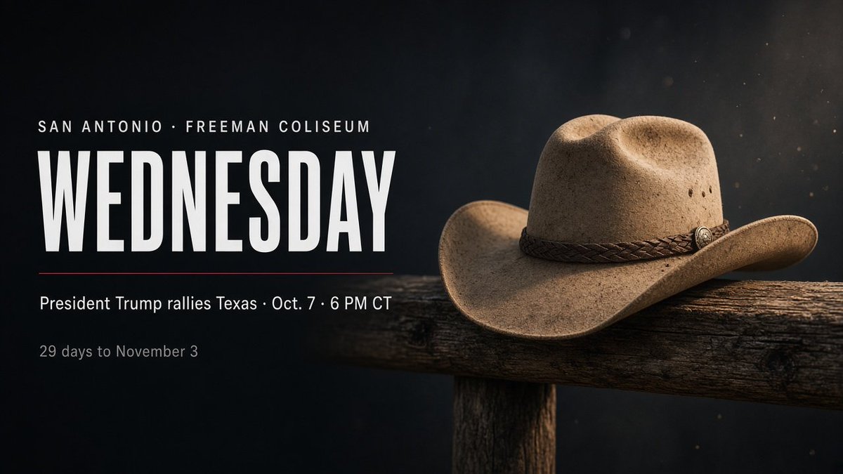 GuntherEagleman's tweet photo. Texas, it's time to wake up. President Trump is coming to San Antonio on Wednesday.

He's headlining a rally at the Freeman Coliseum on October 7. Doors open at 2:30, the program starts at 4:30, and he speaks around 6. Ken Paxton will be there, and so will Carlos De La Cruz, the Air Force veteran running in the brand-new 35th District.

This is his third trip to Texas in less than a month. The last time Texas sent a Democrat to the Senate was 1988, and the media is drooling at the idea of doing it again. They're betting Republicans stay home.

Prove them wrong. Show up Wednesday, then show up on November 3. We have 29 days left, and Texas is not going blue on our watch.