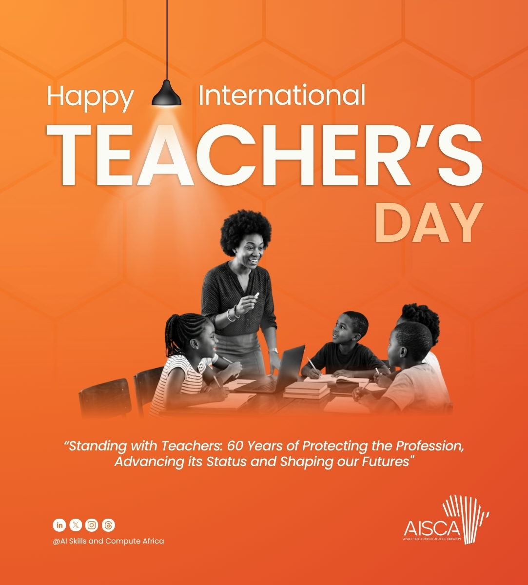 AISCAfrica's tweet photo. 📚 Happy International Teacher's Day 🌍

Africa’s future will be shaped by the people who have the skills and confidence to create with technology. But before there are builders, there are teachers, the people who introduce new ideas, ask the questions that make us think differently, and give learners the foundation to keep exploring.

This Teachers’ Day, we celebrate the educators helping young Africans develop the curiosity, knowledge and problem-solving skills they need to participate in Africa’s digital and AI future.

Because building Africa’s AI future starts with empowering the people who will create it. 🚀

#InternationalTeachersDay #AISCAfrica #AIForAfrica #AfricanAI #DigitalSkills #AfricanYouth #FutureBuilders #SkillsForTheFuture