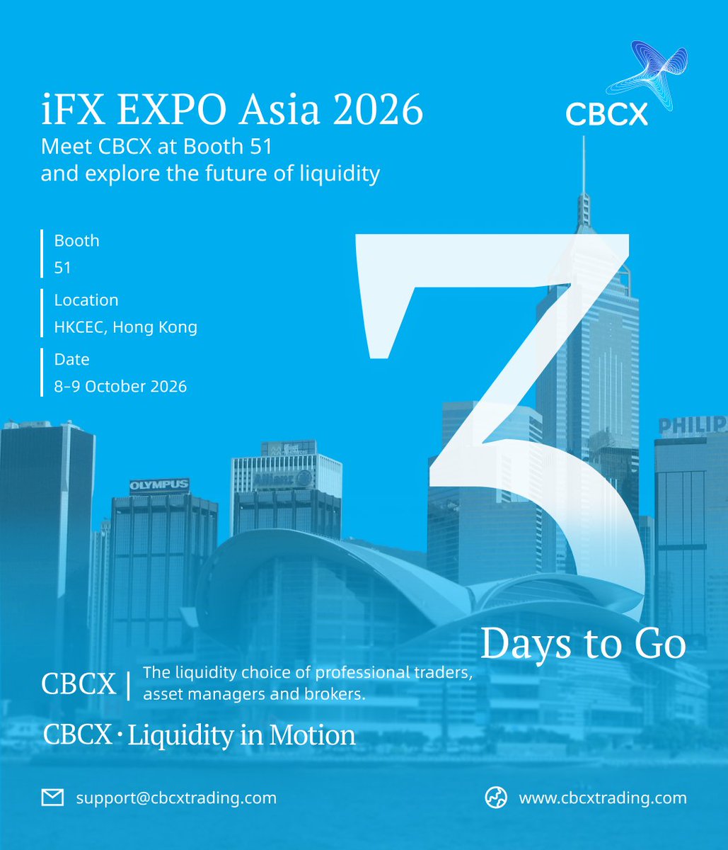CBCXMarkets's tweet photo. 3 DAYS TO GO
Countdown to iFX EXPO Asia 2026

Meet the CBCX team in Hong Kong this October as we explore the future of liquidity.

📍 HKCEC, Hong Kong
🗓️ 8–9 October 2026
🎯Booth 51

CBCX・Liquidity in Motion

#CBCXMarkets #CBCX #iFX #iFXEXPOAsia #EXPO #LiquidityInMotion #Fintech https://t.co/AYygvFs9Qw