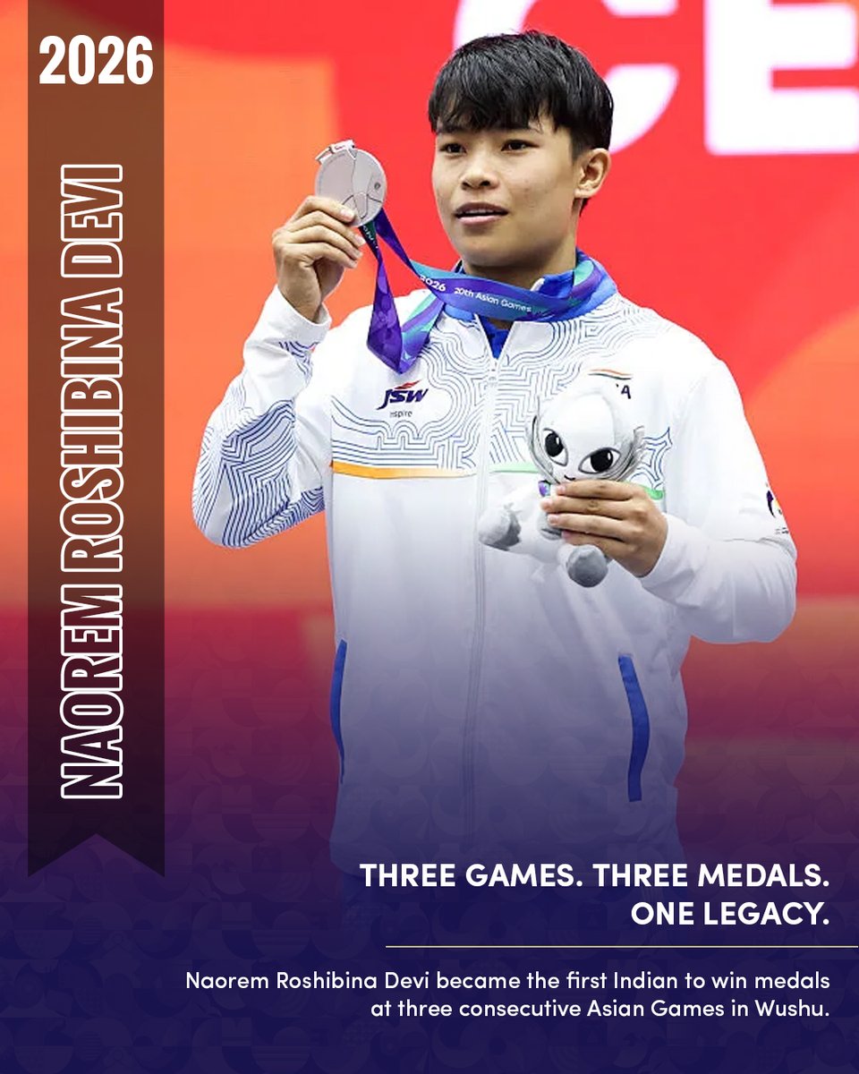 STC_Bengaluru's tweet photo. Three Games. Three medals. ONE LEGACY. ���🇳🔥
Naorem Roshibina Devi became the first Indian to medal at three consecutive Asian Games in Wushu. That’s not just consistency — that’s greatness! 🏅❤️‍🔥
 #BharatSetsNewRecords https://t.co/427gCNsLjB