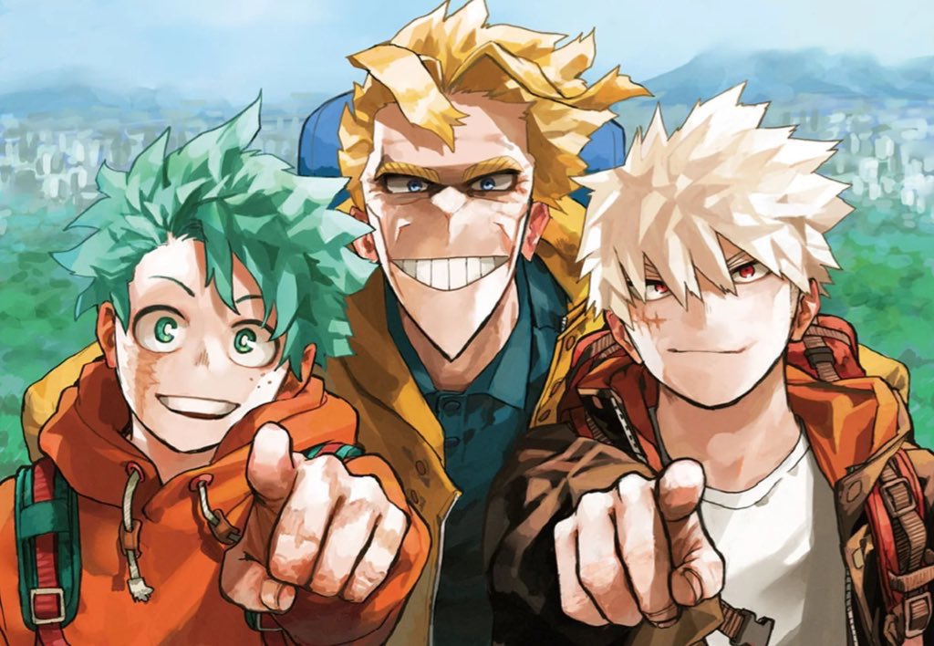 wildcomet_'s tweet photo. this art of Katsuki and Izuku with all might, just hanging out constantly around him makes me emotional… they really will be peeling oranges for him and knitting him gloves and socks because he gets too cold easily and sit quietly with him early in the morning to watch birds https://t.co/NUERwlYwGp