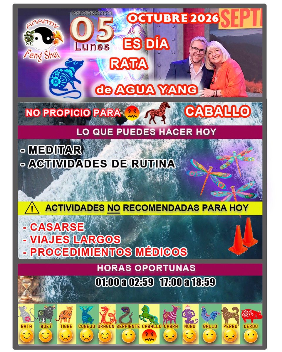 AnandyFeng's tweet photo. *LUNES 5 DE OCTUBRE 2026* En general es un día poco auspicioso, dedica tiempo a reflexionar sobre asuntos importantes, *NO* programes bodas ni viajes de larga distancia. Pospone los tratamientos médicos que puedas aplazar. *CABALLO* no es buen día Con amor Anandy🙏 https://t.co/wK4AE41HMz