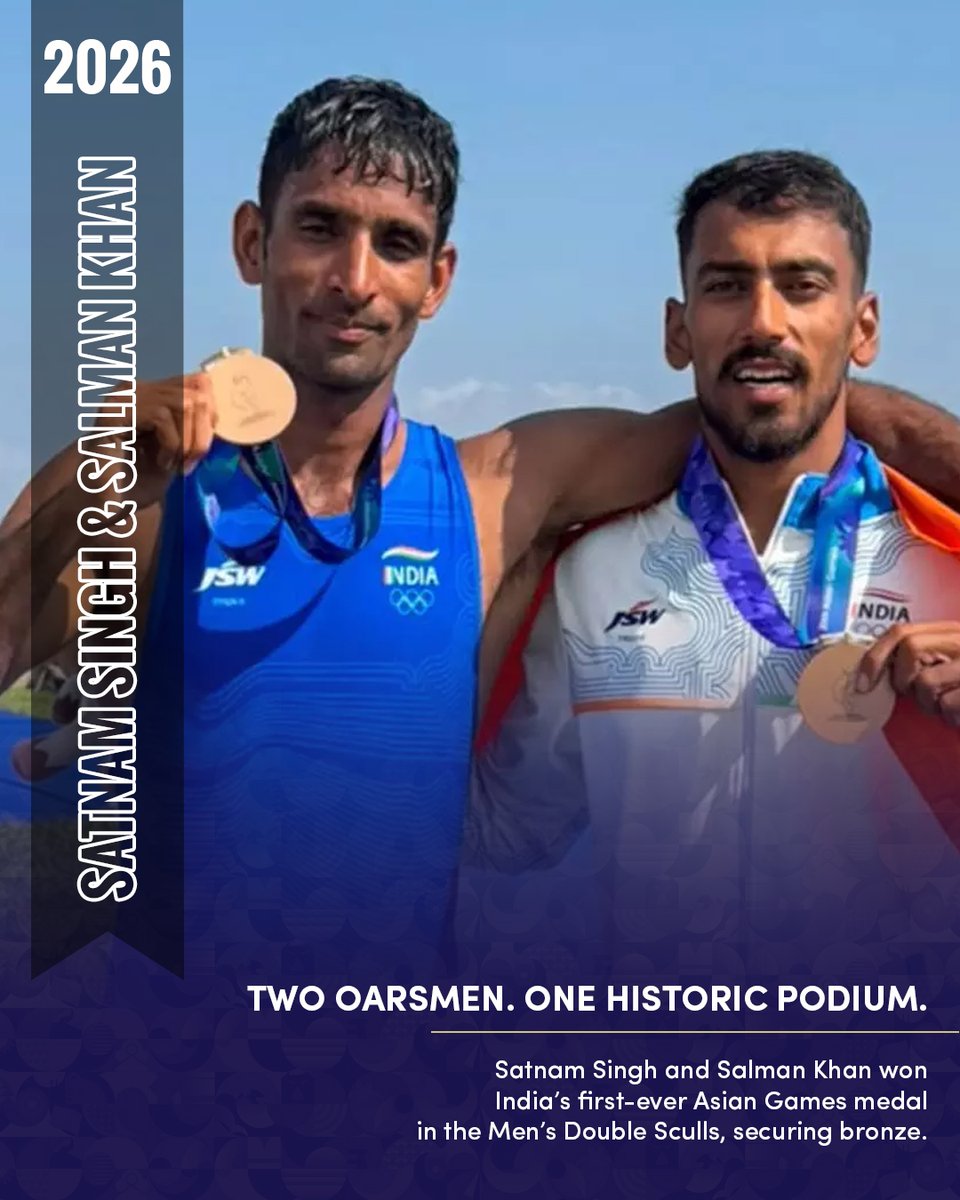 STC_Bengaluru's tweet photo. SYNCED. STRONG. HISTORIC. 🇮🇳💪Satnam Singh &amp; Salman Khan powered India to its first-ever Asian Games Men’s Double Sculls medal. What a proud moment on the water! 🥉🌊
 #BharatSetsNewRecords https://t.co/LDgH9s8xBm