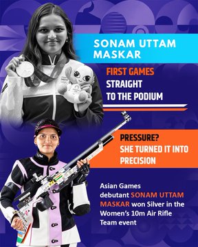 AkashvaniAIR's tweet photo. First Games. First podium. BIG statement!

Sonam Uttam Maskar had made her Asian Games debut count with a silver in the Women’s 10m Air Rifle Team event. 🎯🥈🇮🇳

#BharatKiChampions https://t.co/hTHvGRvUZQ