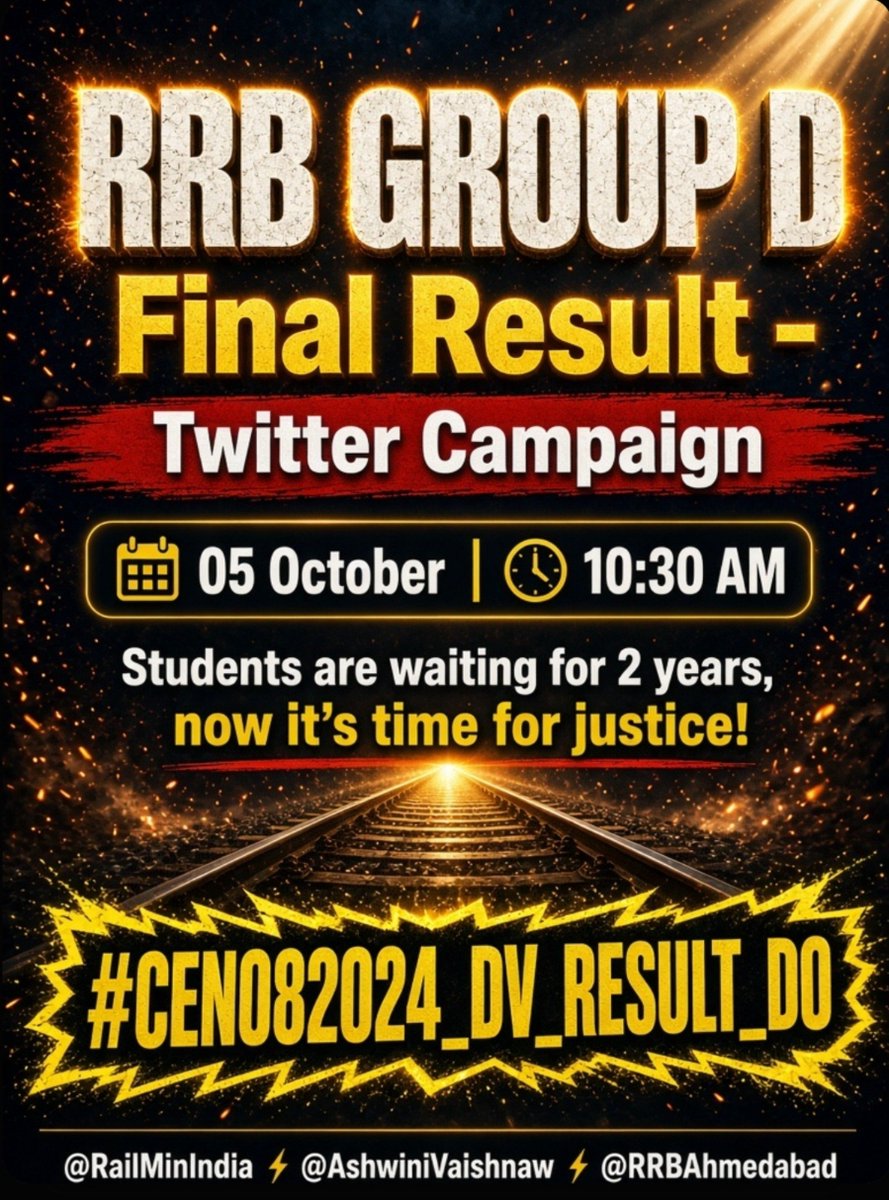 Railway05177's tweet photo. > RRB GROUP D Final Result - Twitter Campaign
> 📅 05 October | ⏰ 10:30 AM
> Students are waiting for 2 years, now it's time for justice!
> #CEN082024_DV_RESULT_DO
> @RailMinIndia @AshwiniVaishnaw @RRBAhmedabad https://t.co/YZDOgqjfJb